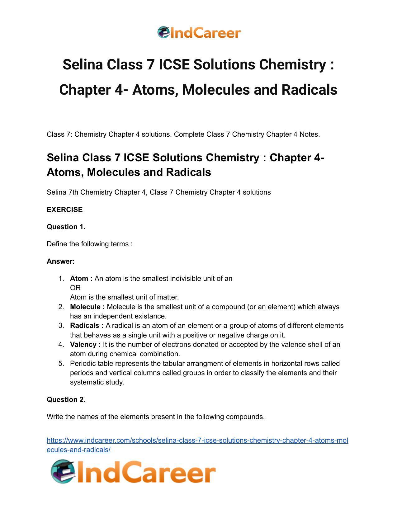 Selina Class 7 ICSE Solutions Chemistry : Chapter 4- Atoms, Molecules and Radicals - Page 2