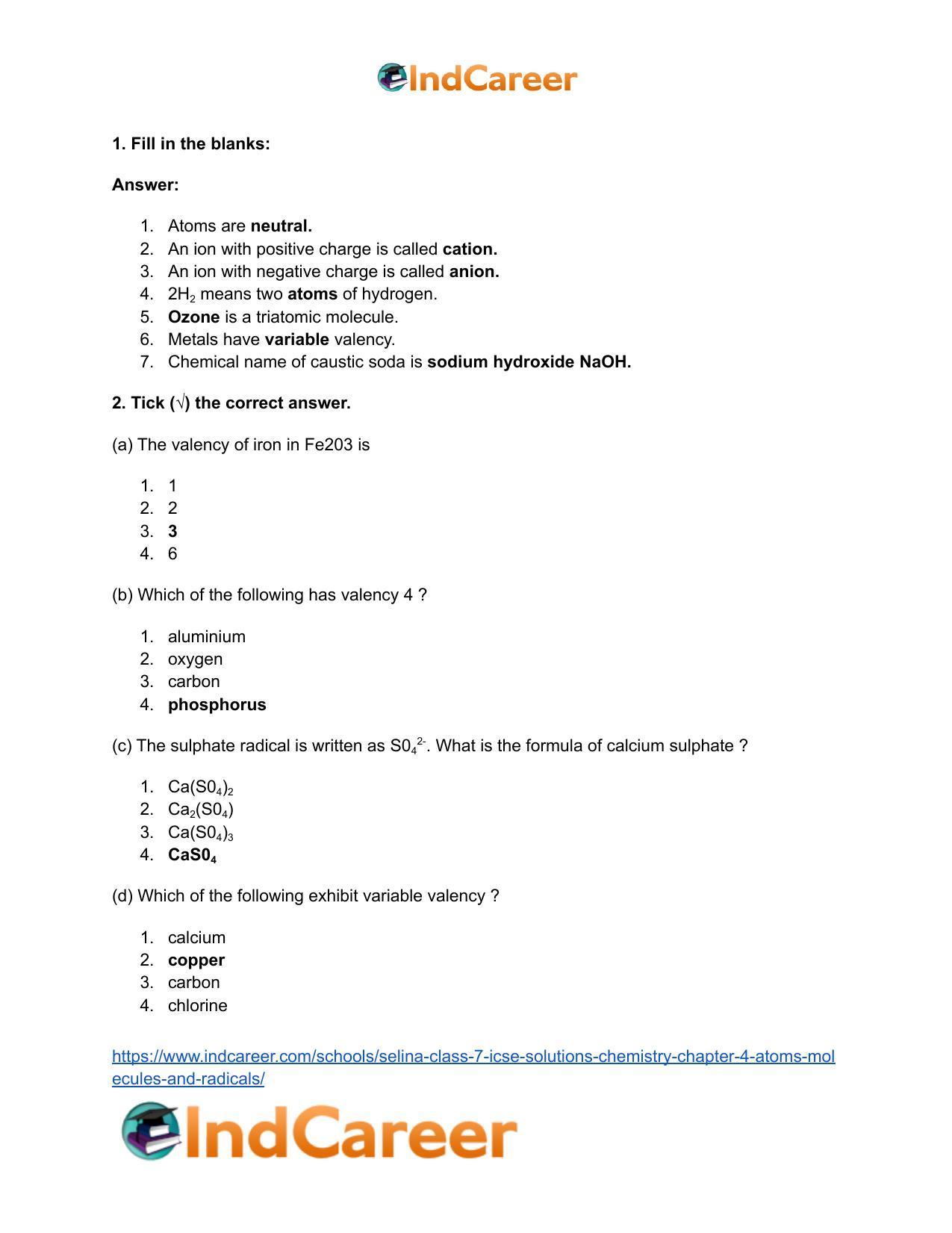 Selina Class 7 ICSE Solutions Chemistry : Chapter 4- Atoms, Molecules and Radicals - Page 8