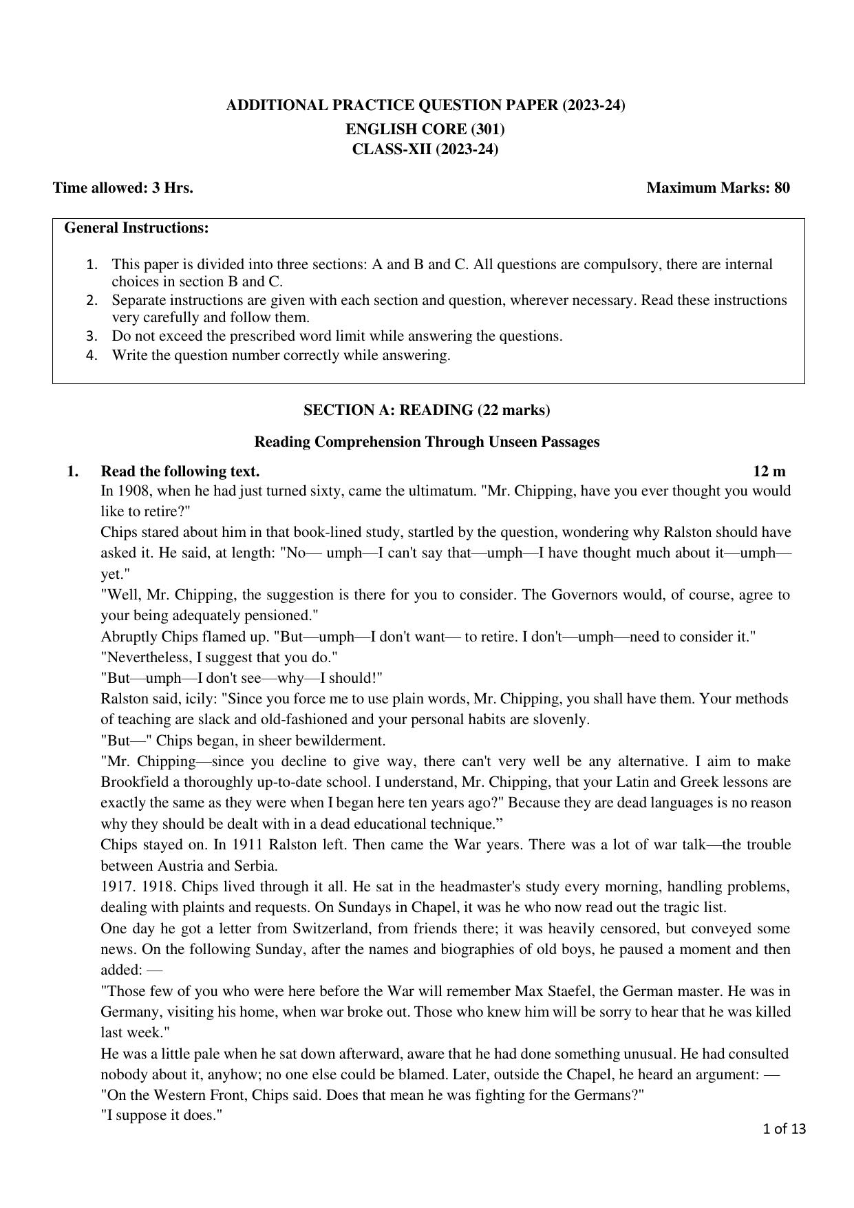 CBSE Class 12 English Core SET 2 Practice Questions 2023-24  - Page 1