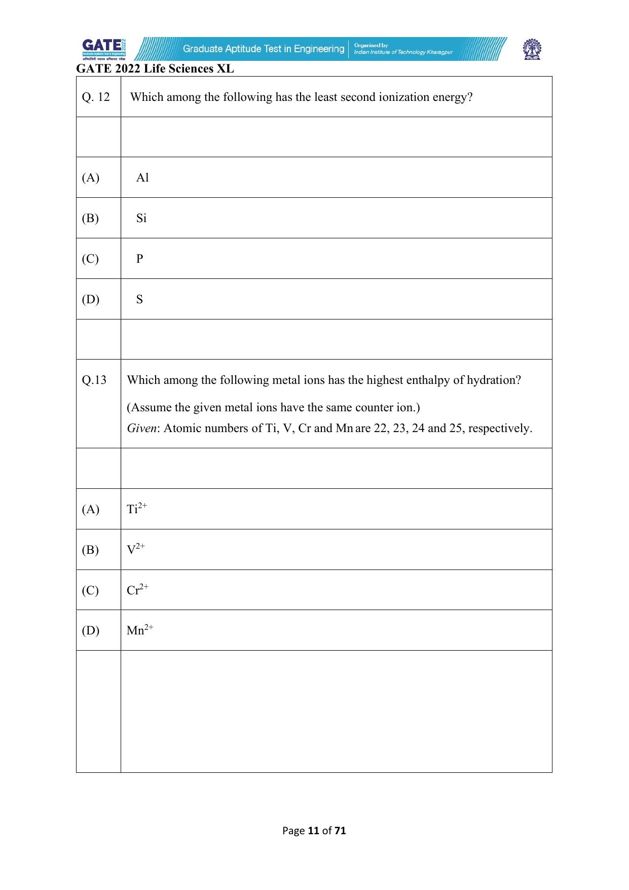 GATE 2022 Life Sciences (XL) Question Paper - Page 11