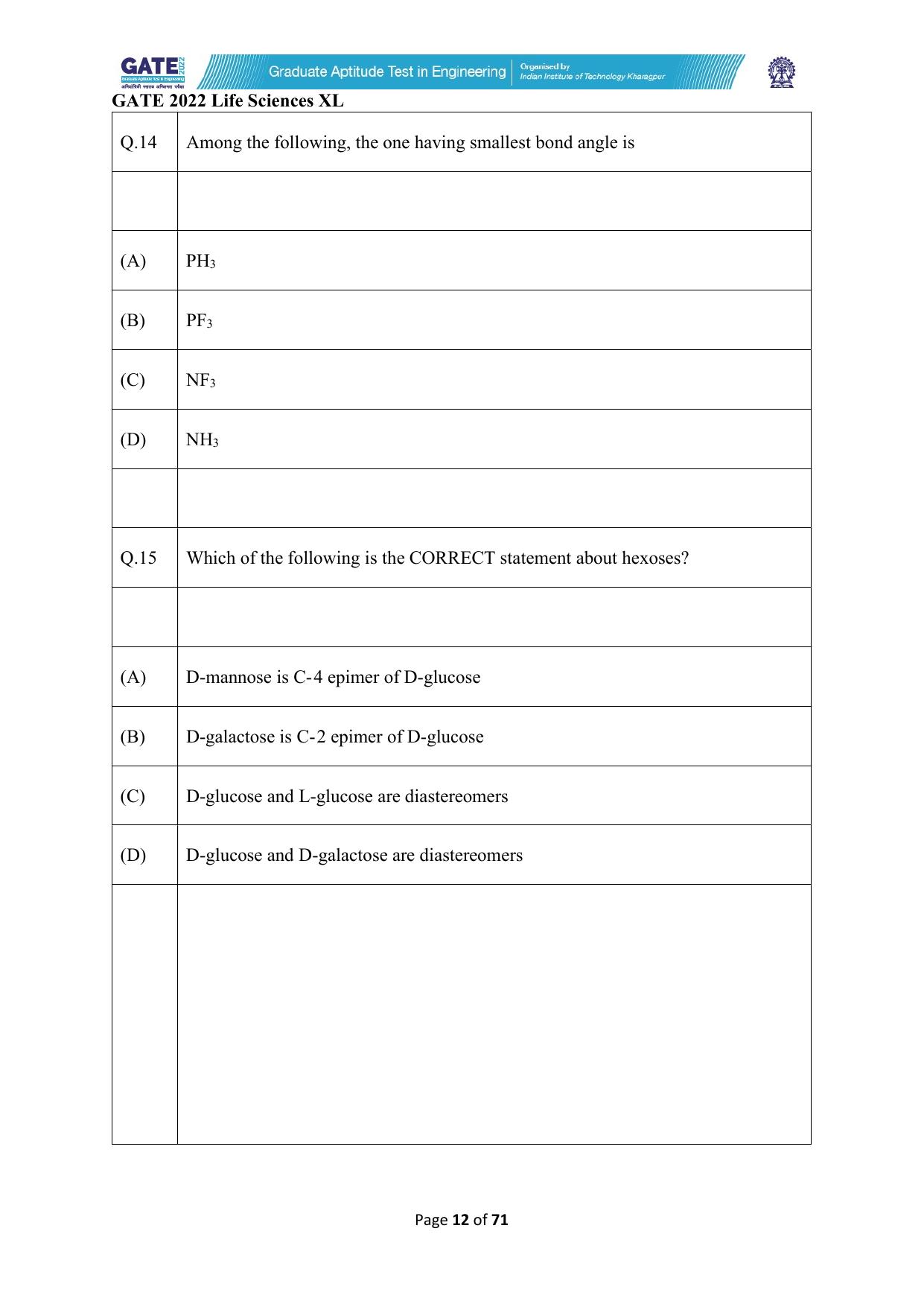 GATE 2022 Life Sciences (XL) Question Paper - Page 12