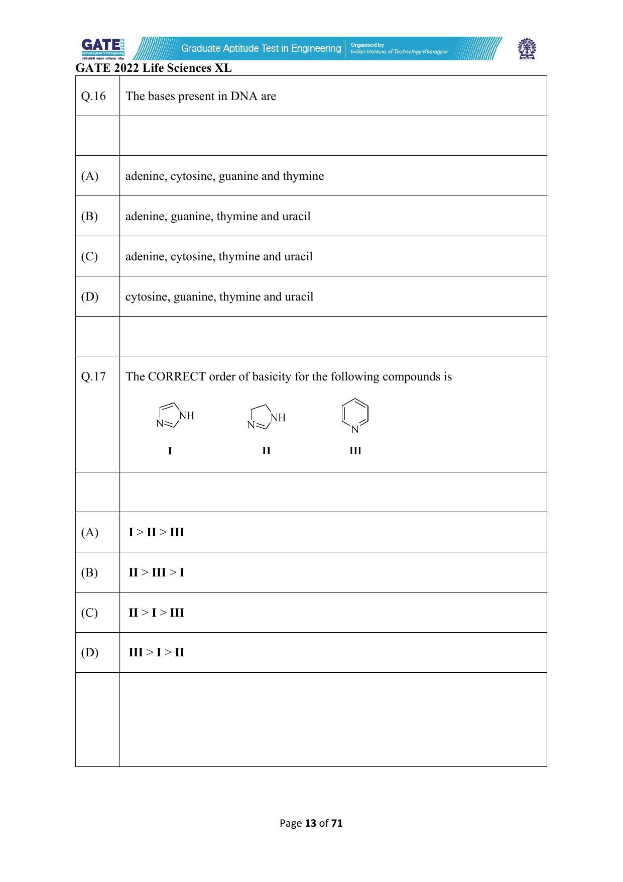 GATE 2022 Life Sciences (XL) Question Paper - Page 13