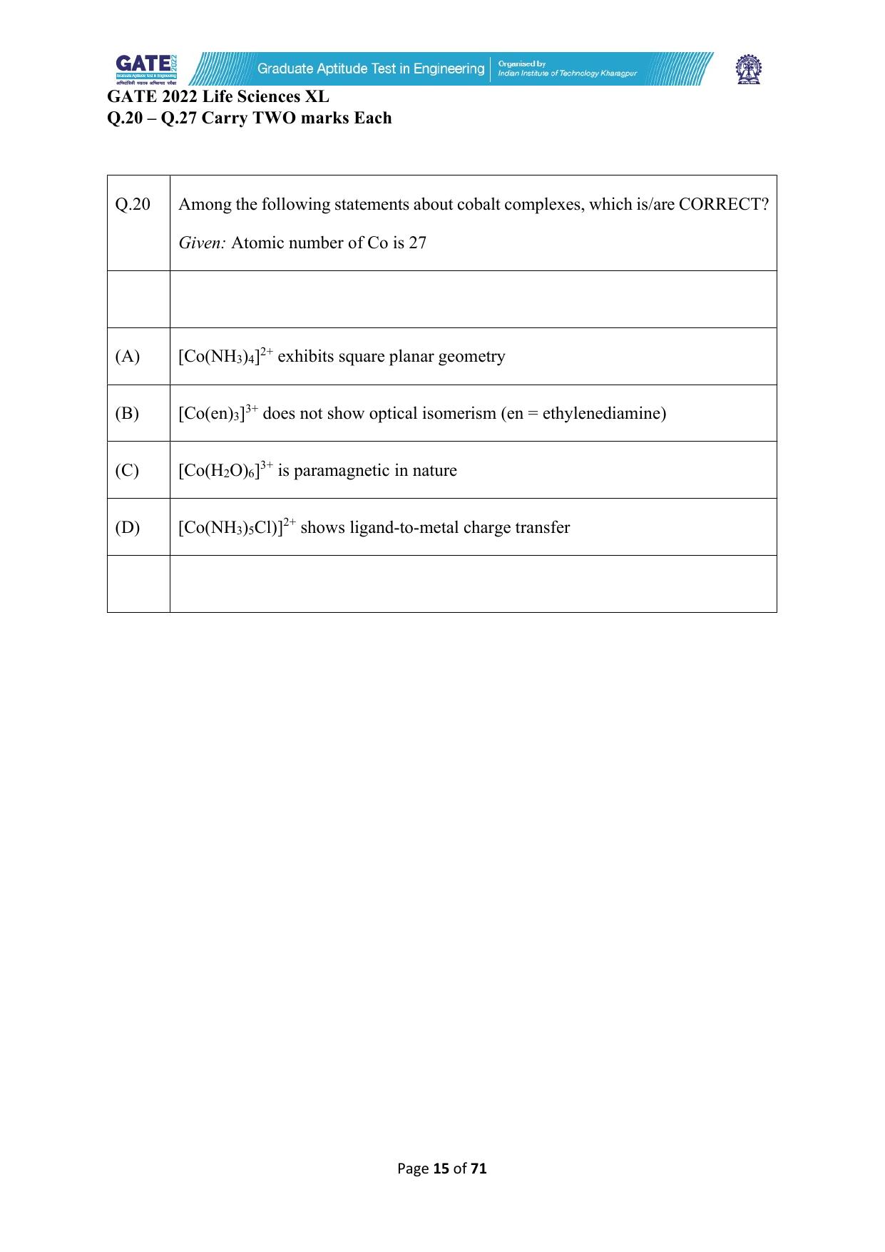 GATE 2022 Life Sciences (XL) Question Paper - Page 15