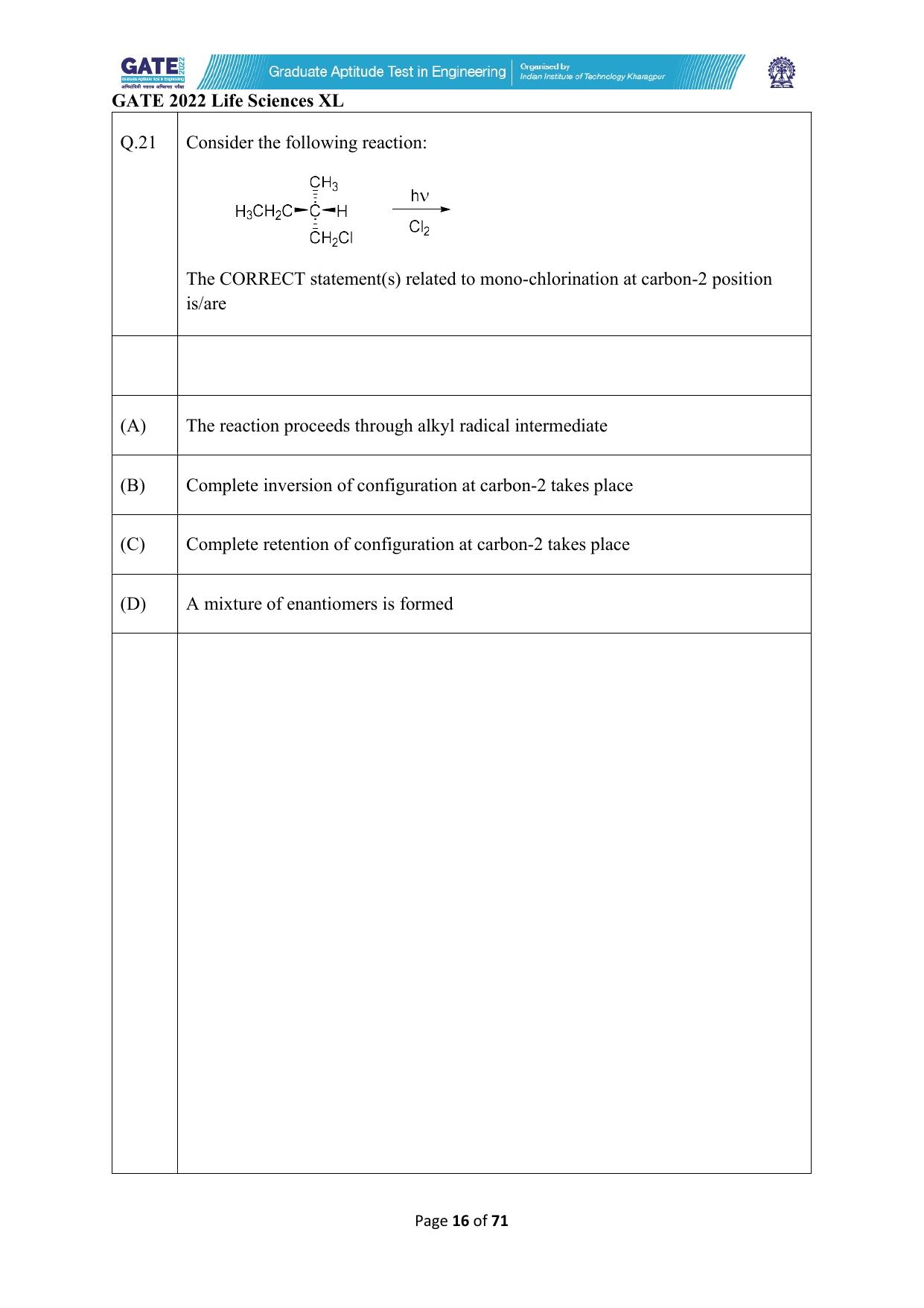 GATE 2022 Life Sciences (XL) Question Paper - Page 16