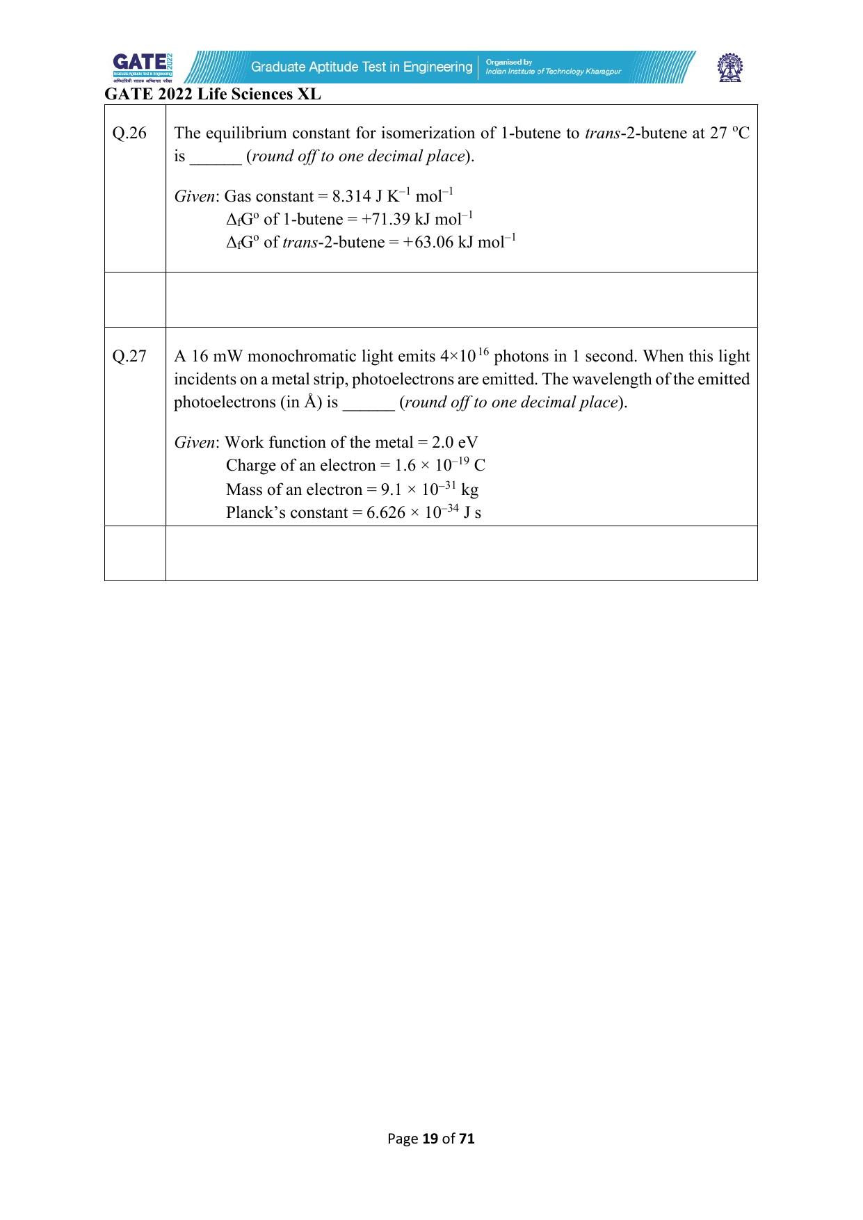 GATE 2022 Life Sciences (XL) Question Paper - Page 19