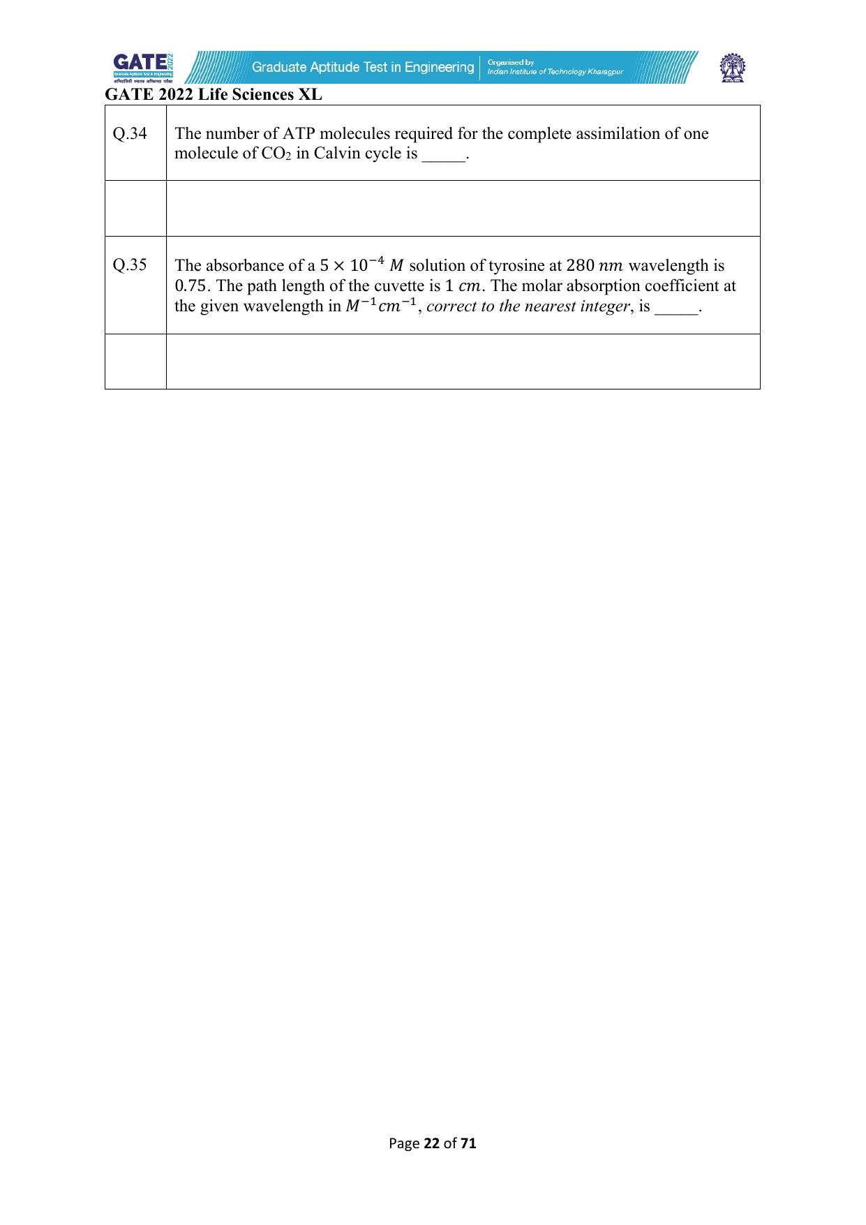 GATE 2022 Life Sciences (XL) Question Paper - Page 22