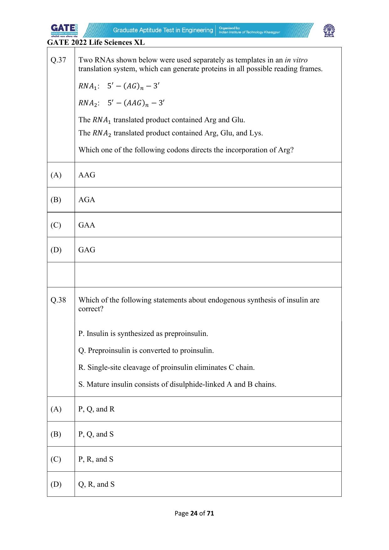 GATE 2022 Life Sciences (XL) Question Paper - Page 24