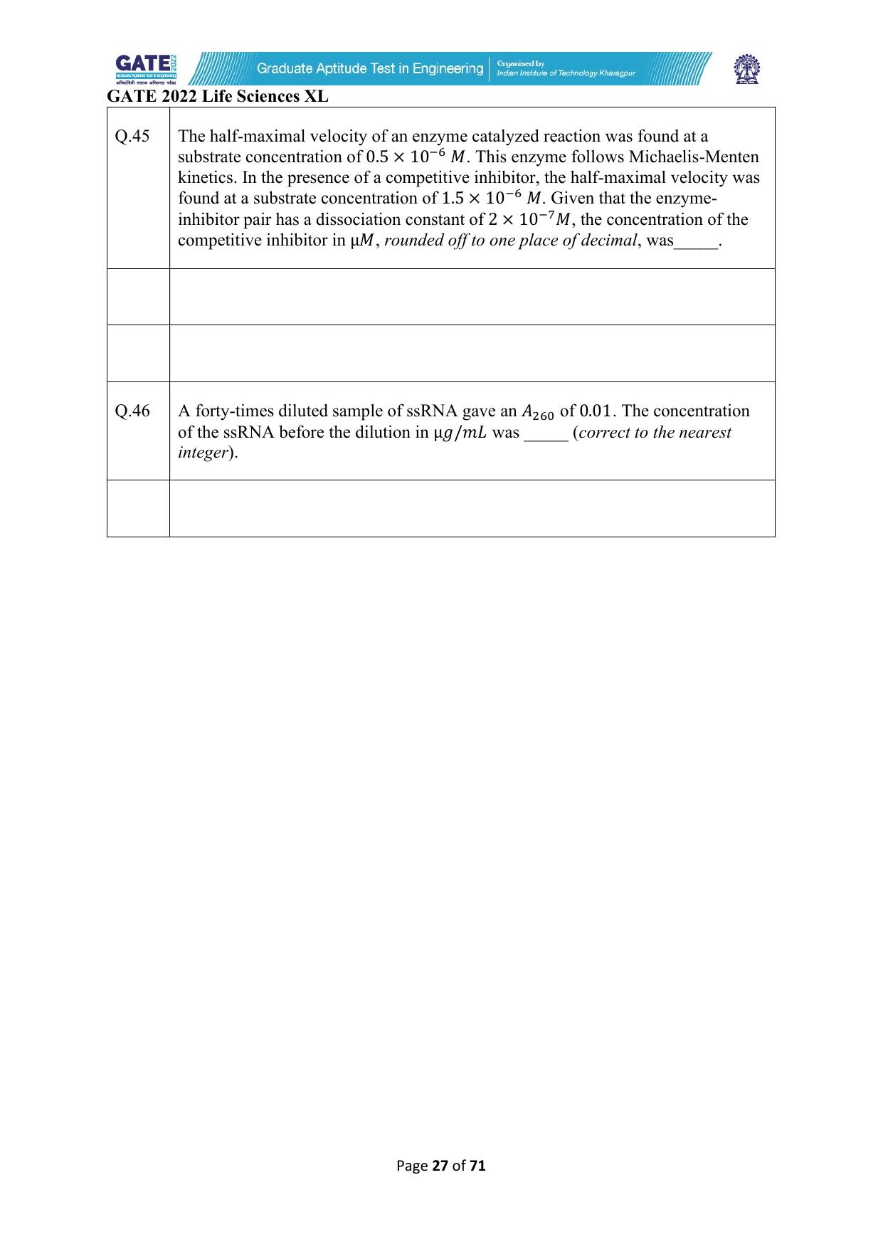 GATE 2022 Life Sciences (XL) Question Paper - Page 27