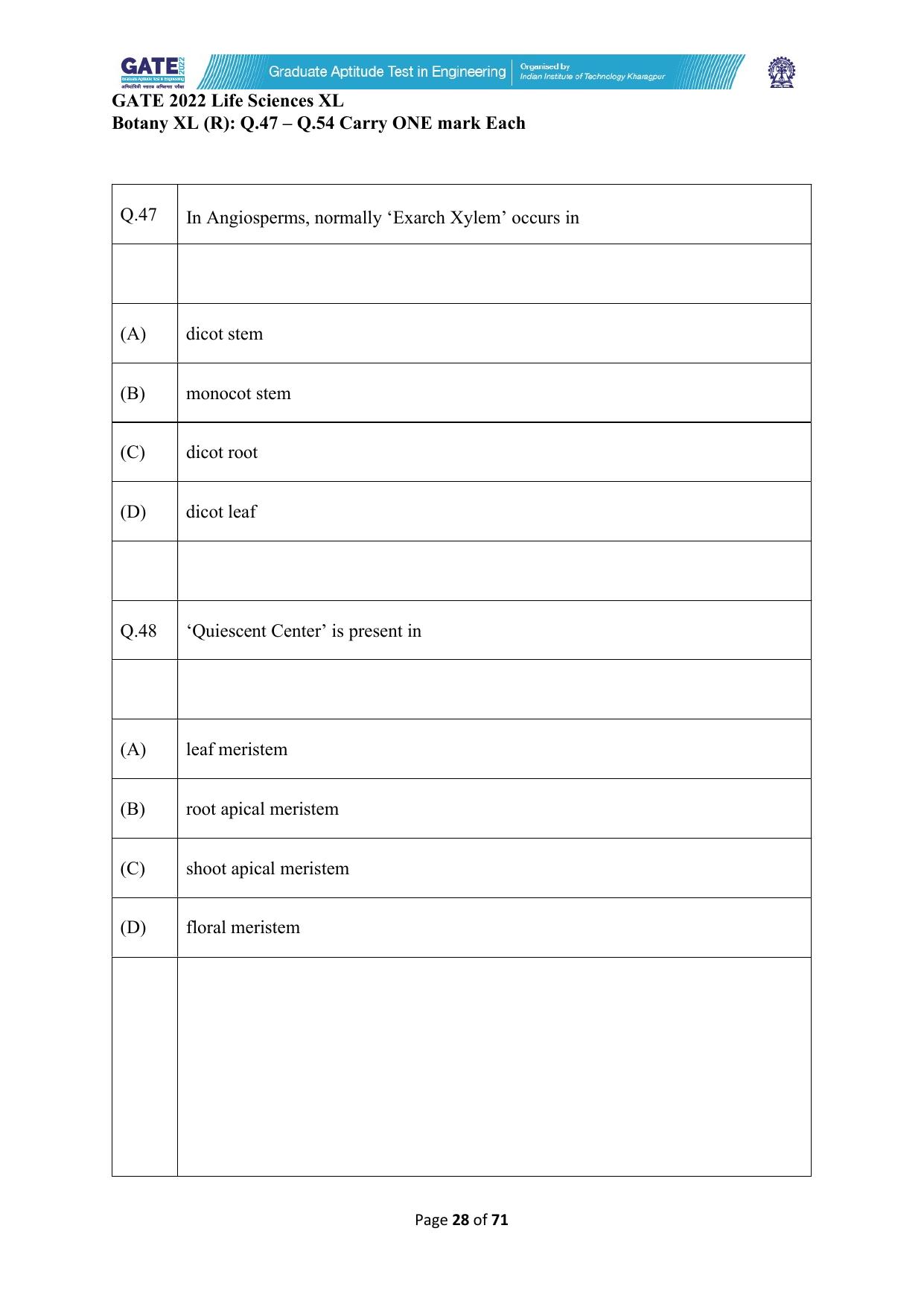 GATE 2022 Life Sciences (XL) Question Paper - Page 28