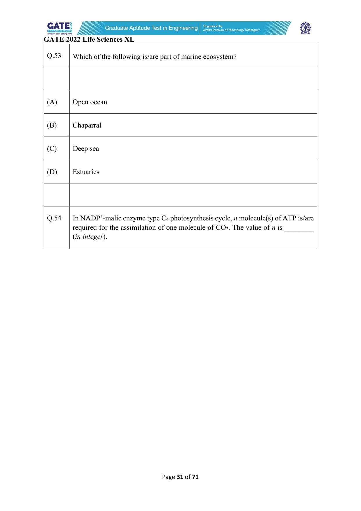 GATE 2022 Life Sciences (XL) Question Paper - Page 31