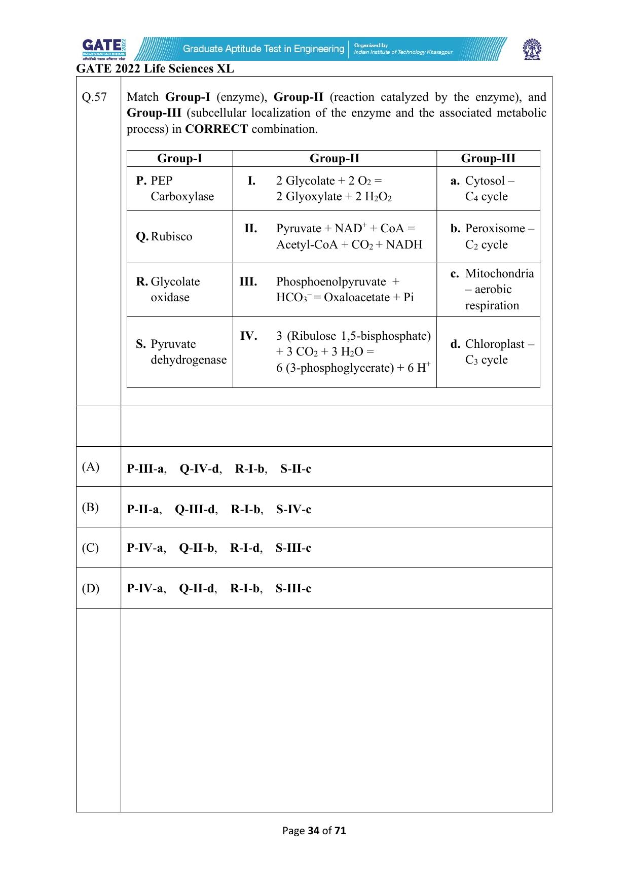 GATE 2022 Life Sciences (XL) Question Paper - Page 34