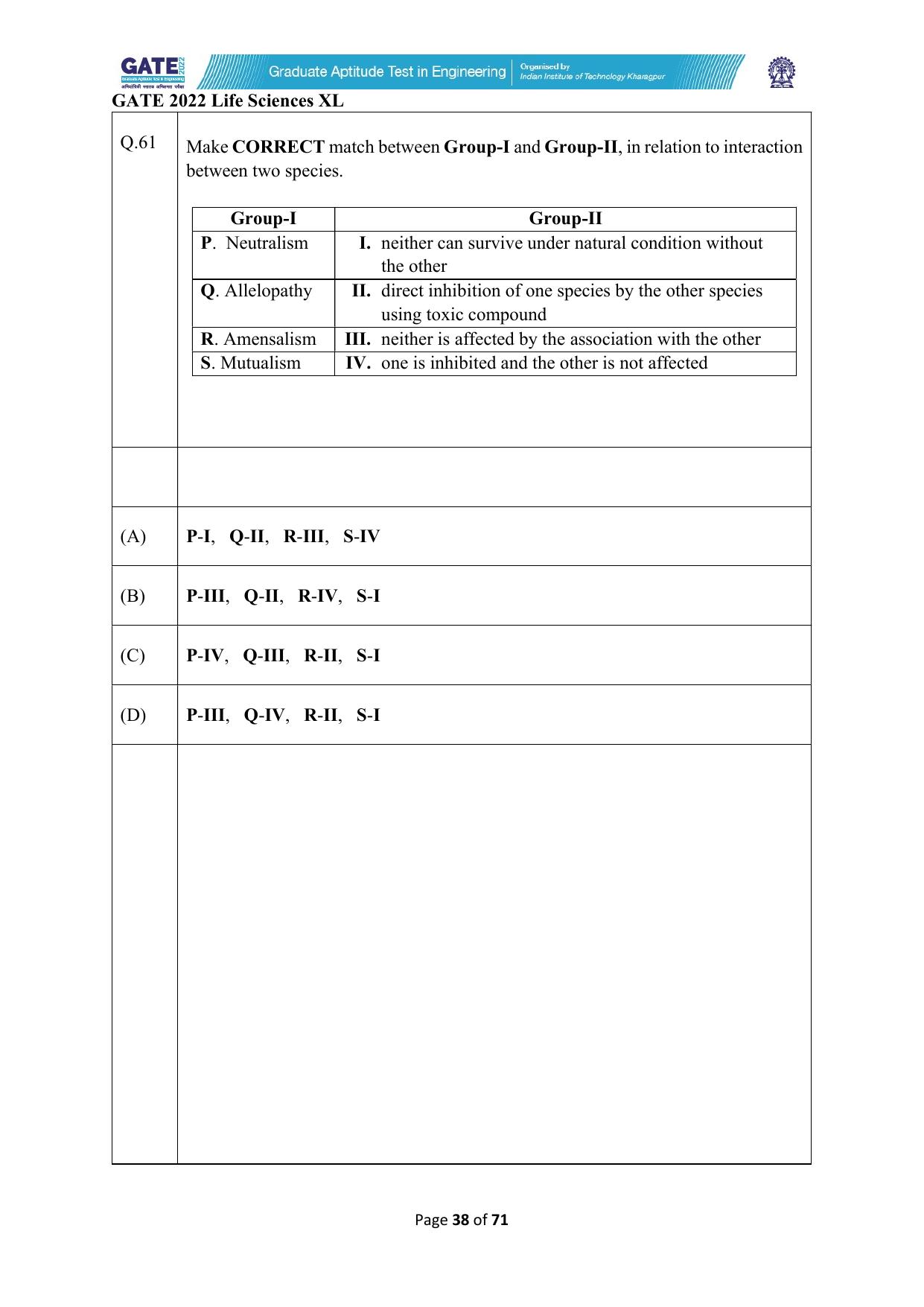 GATE 2022 Life Sciences (XL) Question Paper - Page 38