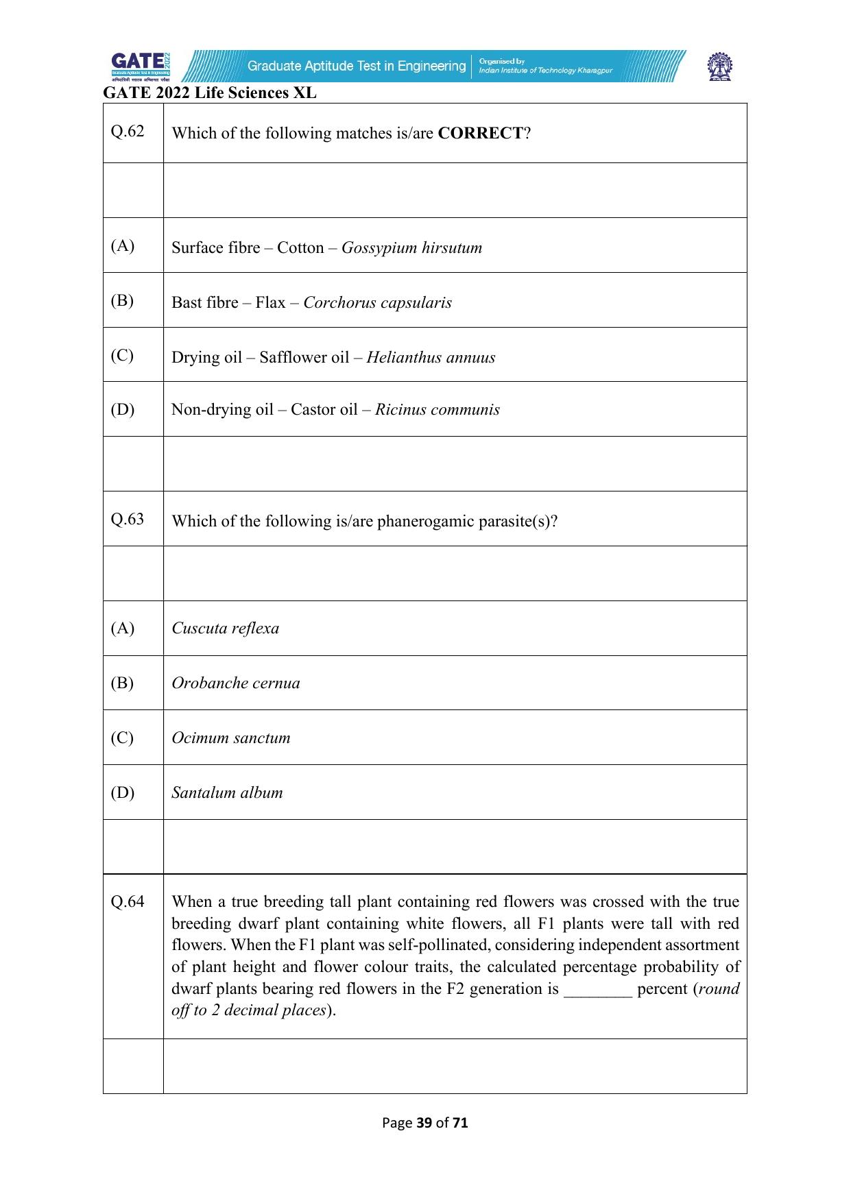 GATE 2022 Life Sciences (XL) Question Paper - Page 39