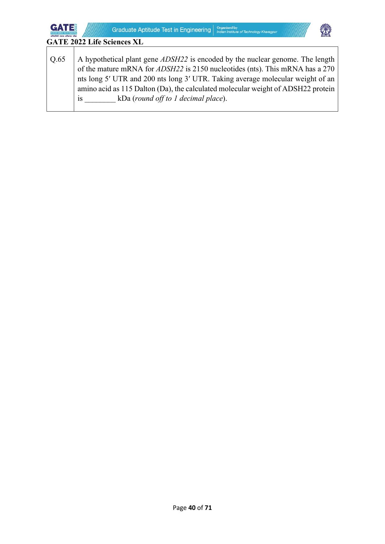 GATE 2022 Life Sciences (XL) Question Paper - Page 40