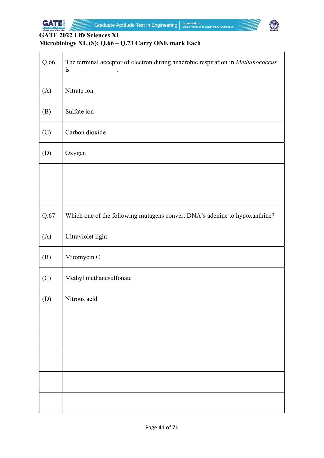 GATE 2022 Life Sciences (XL) Question Paper - Page 41