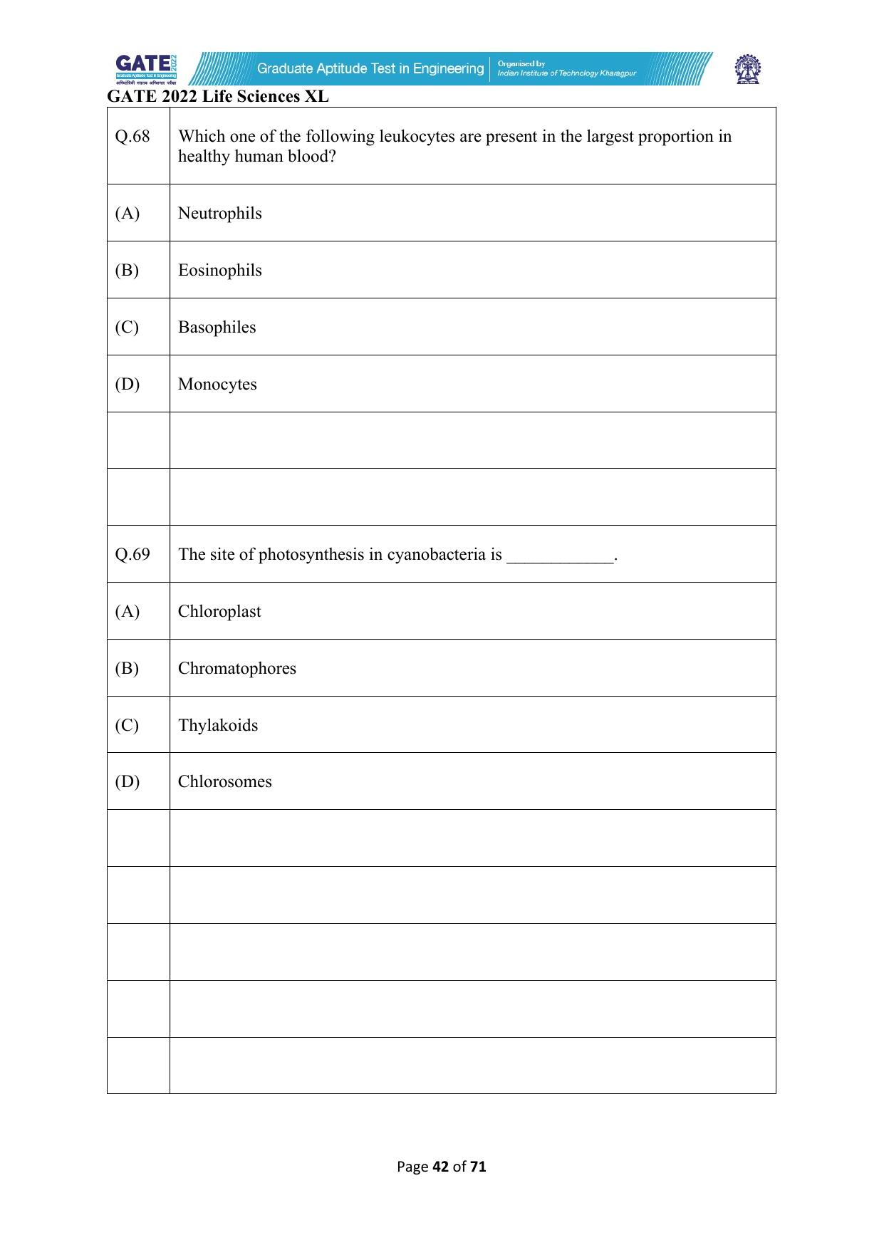 GATE 2022 Life Sciences (XL) Question Paper - Page 42