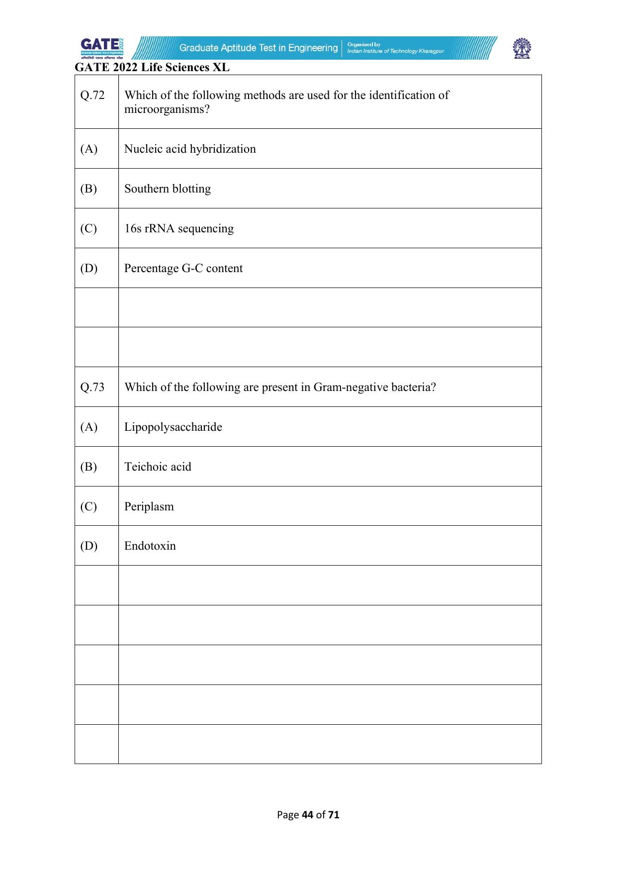 GATE 2022 Life Sciences (XL) Question Paper - Page 44