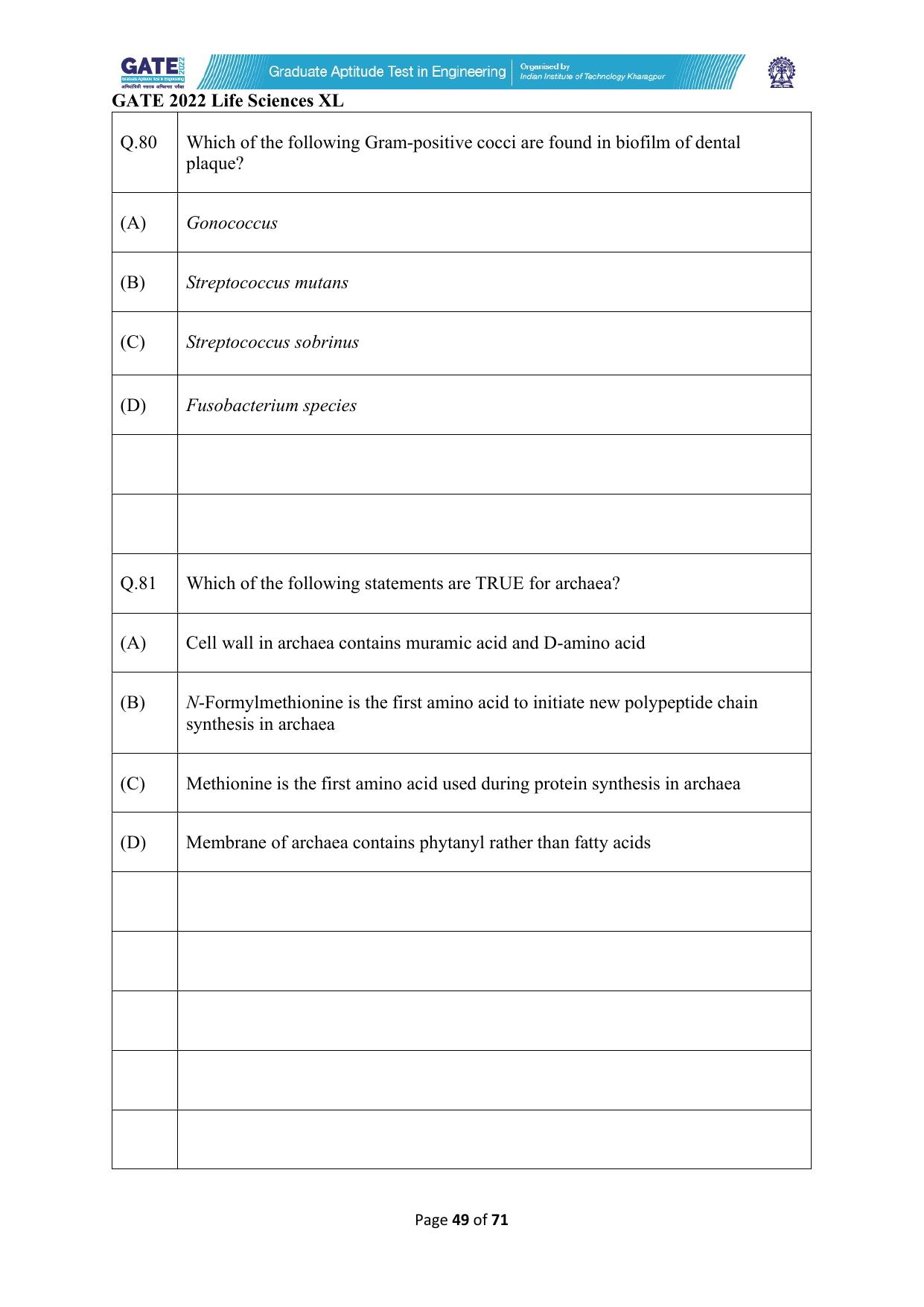 GATE 2022 Life Sciences (XL) Question Paper - Page 49