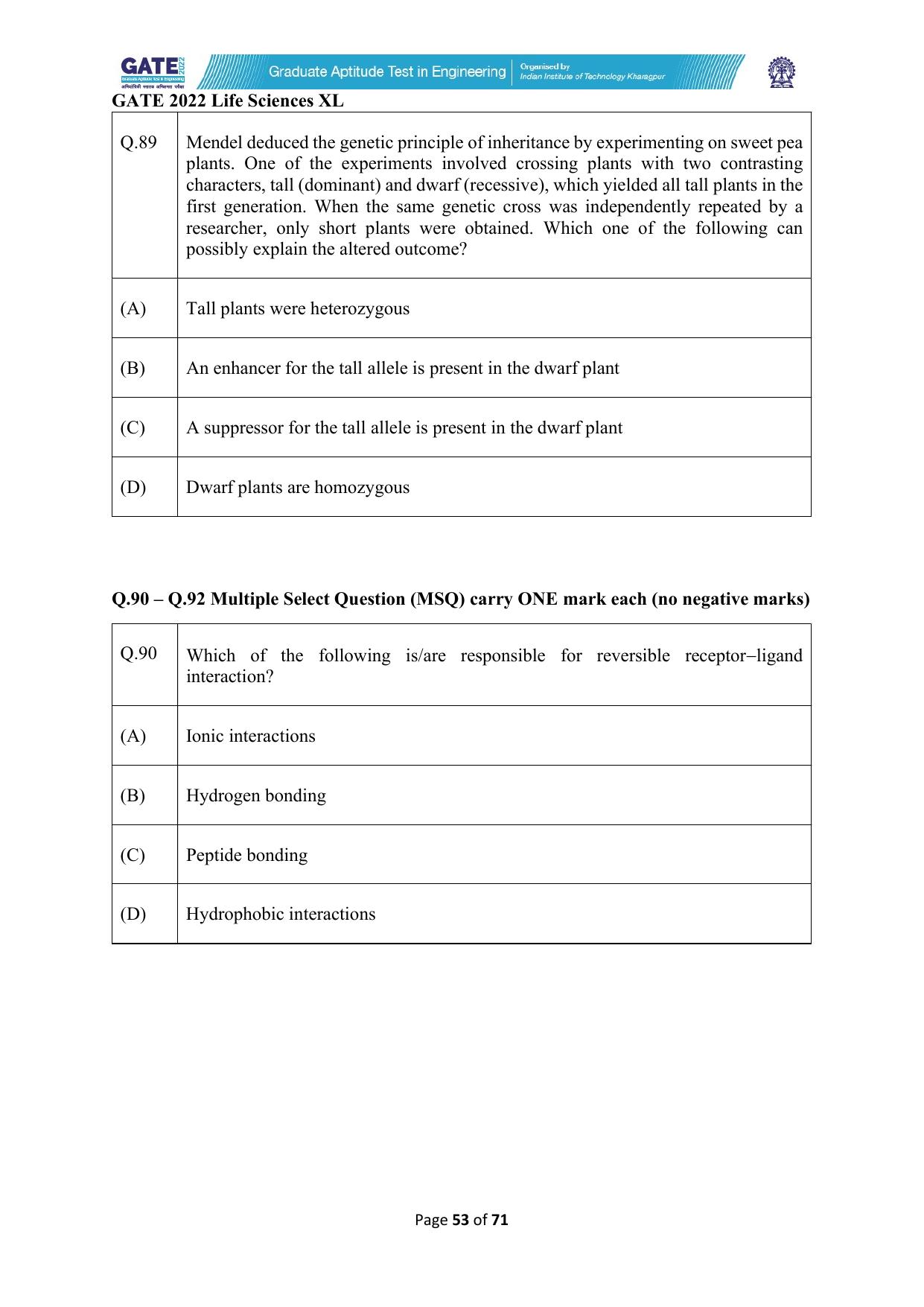 GATE 2022 Life Sciences (XL) Question Paper - Page 53
