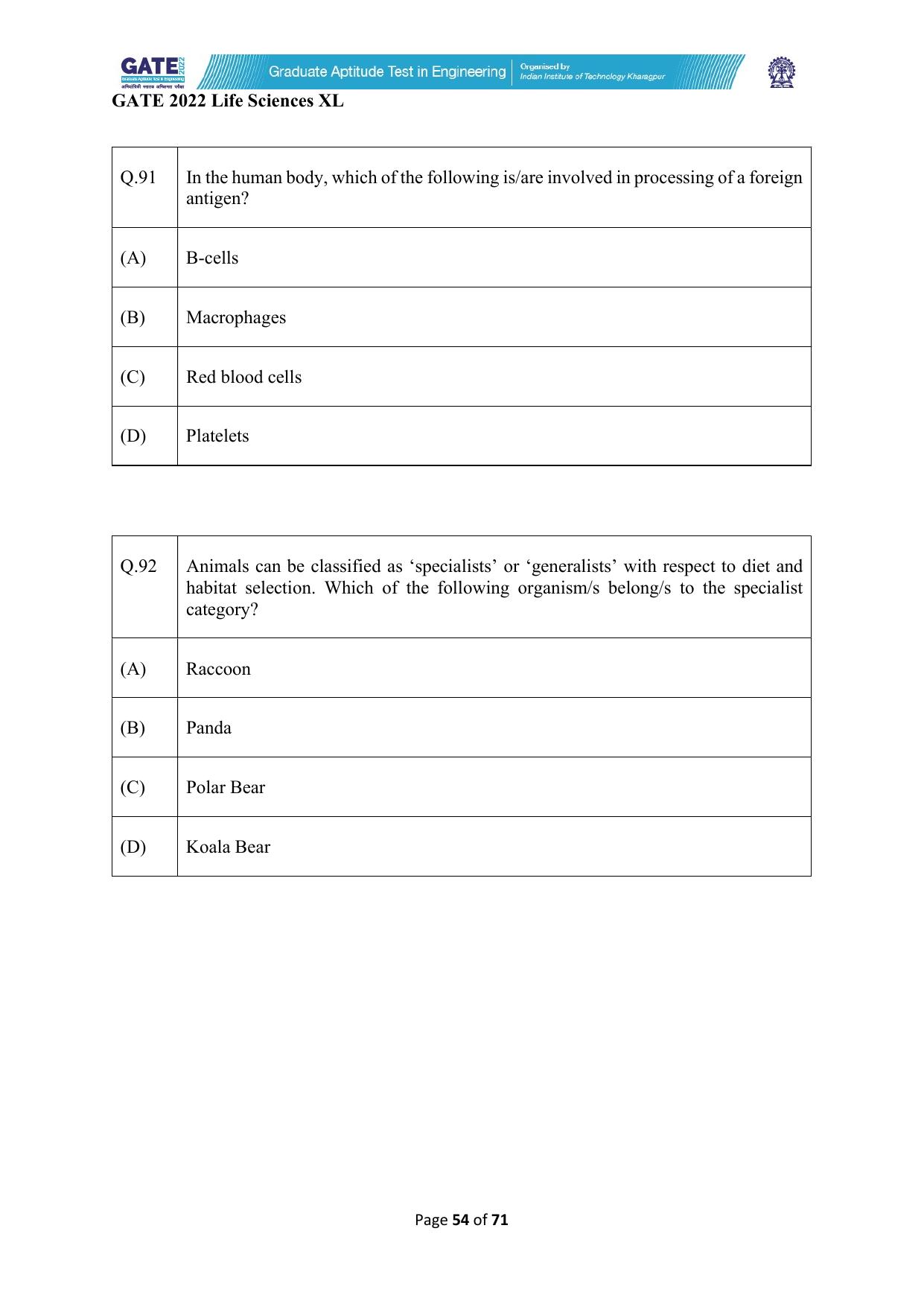 GATE 2022 Life Sciences (XL) Question Paper - Page 54