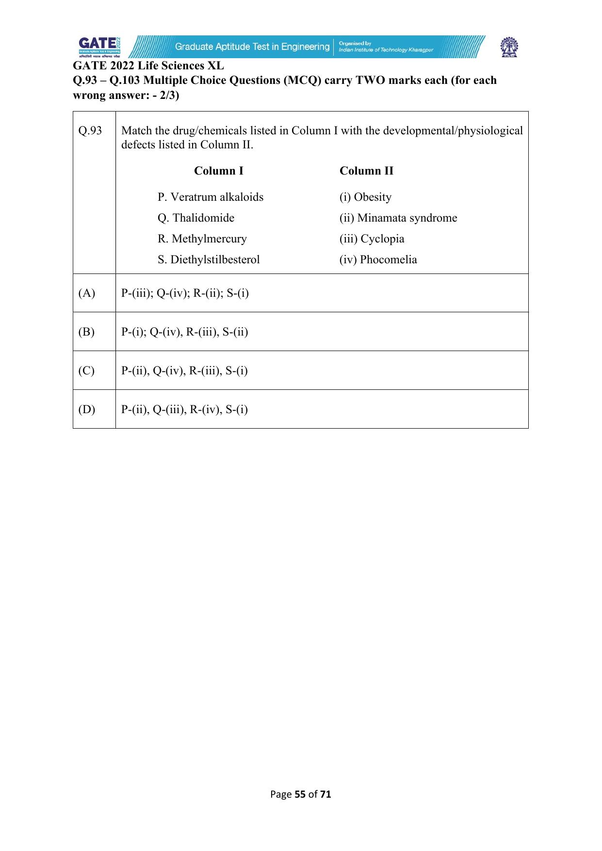 GATE 2022 Life Sciences (XL) Question Paper - Page 55