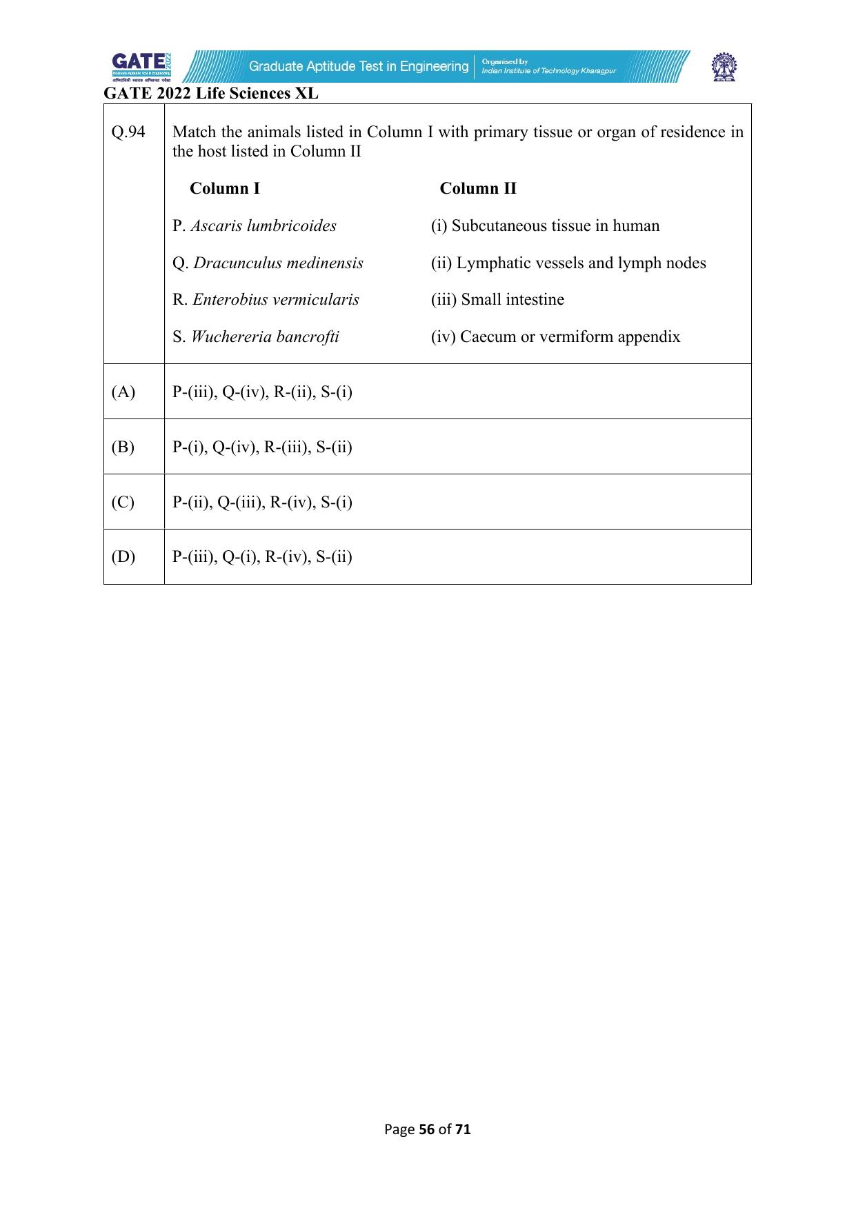 GATE 2022 Life Sciences (XL) Question Paper - Page 56