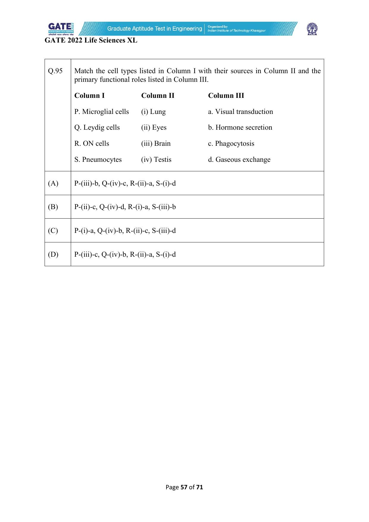 GATE 2022 Life Sciences (XL) Question Paper - Page 57
