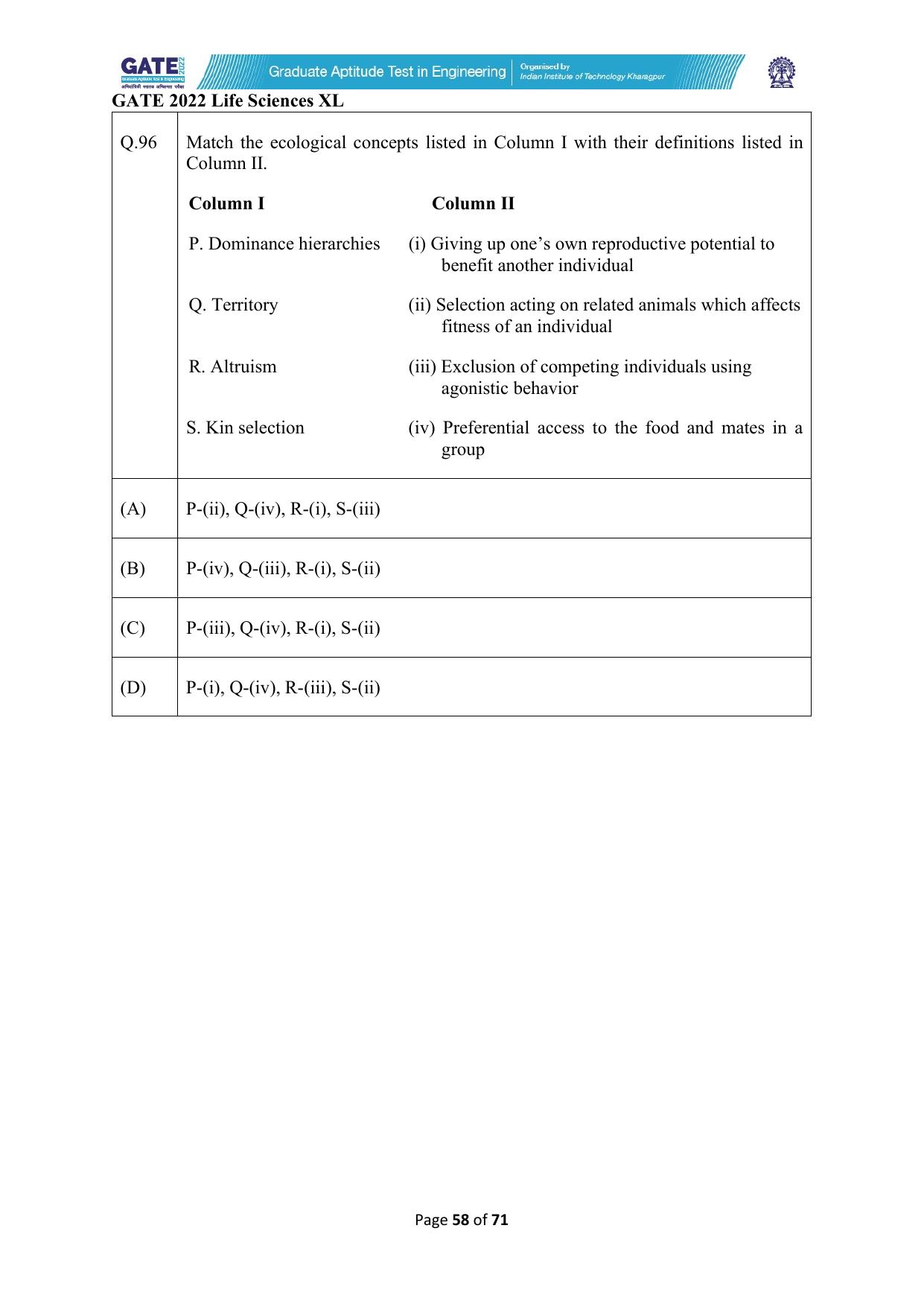 GATE 2022 Life Sciences (XL) Question Paper - Page 58