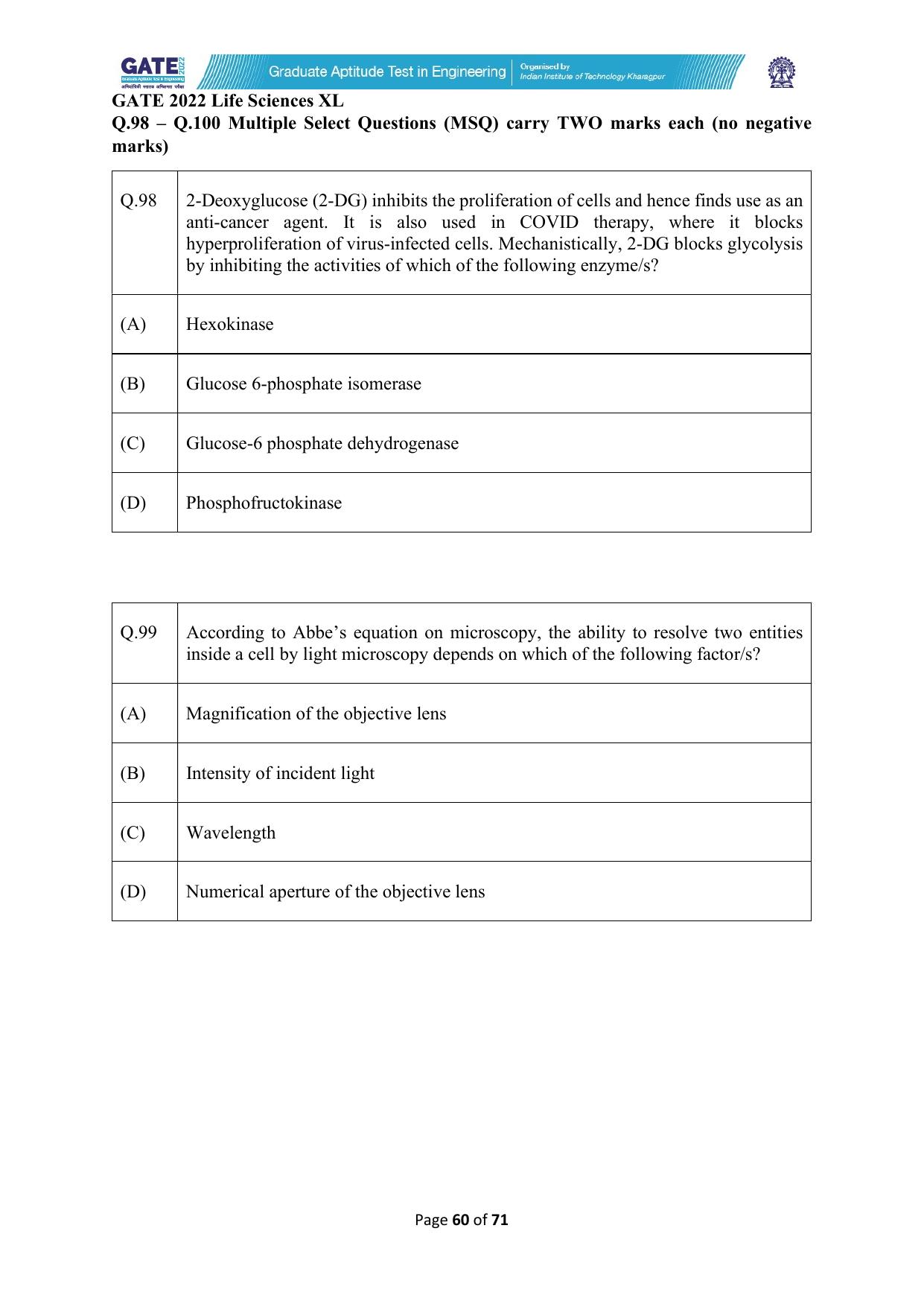 GATE 2022 Life Sciences (XL) Question Paper - Page 60