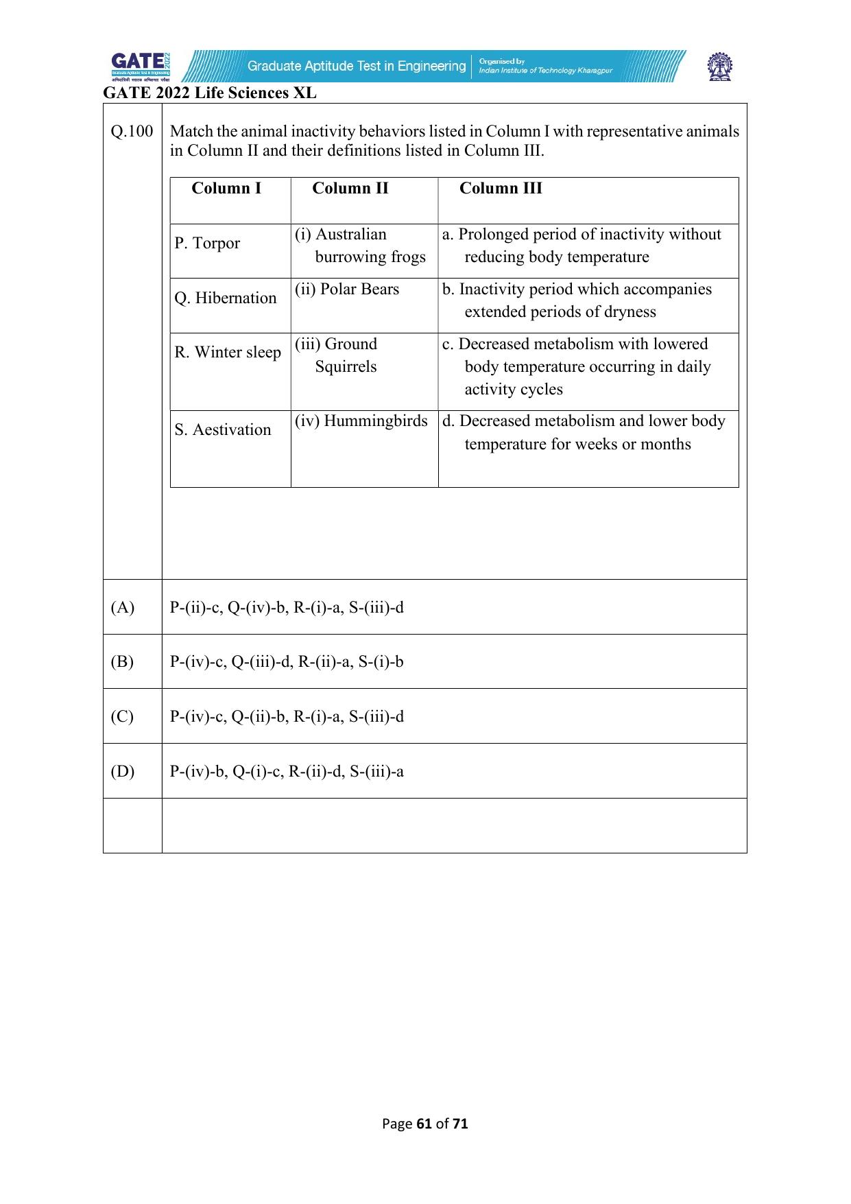 GATE 2022 Life Sciences (XL) Question Paper - Page 61