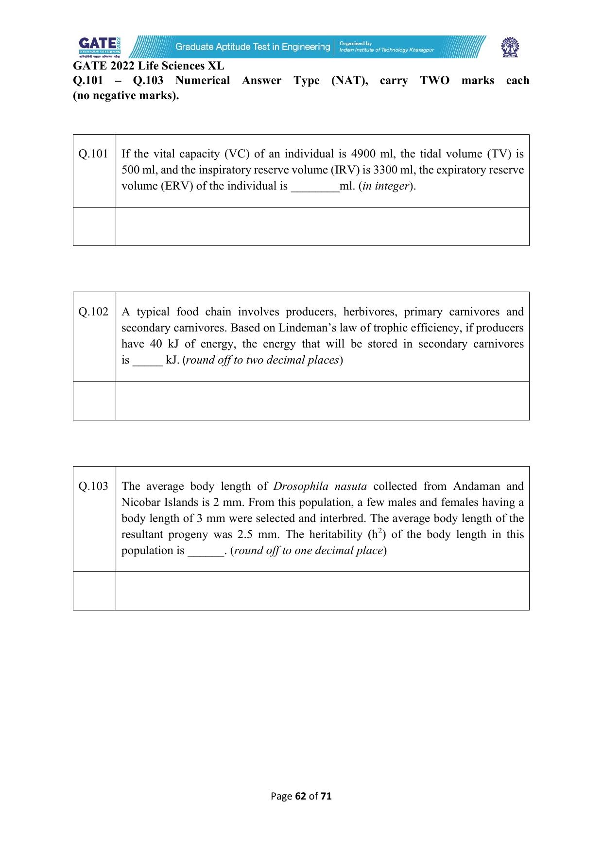 GATE 2022 Life Sciences (XL) Question Paper - Page 62