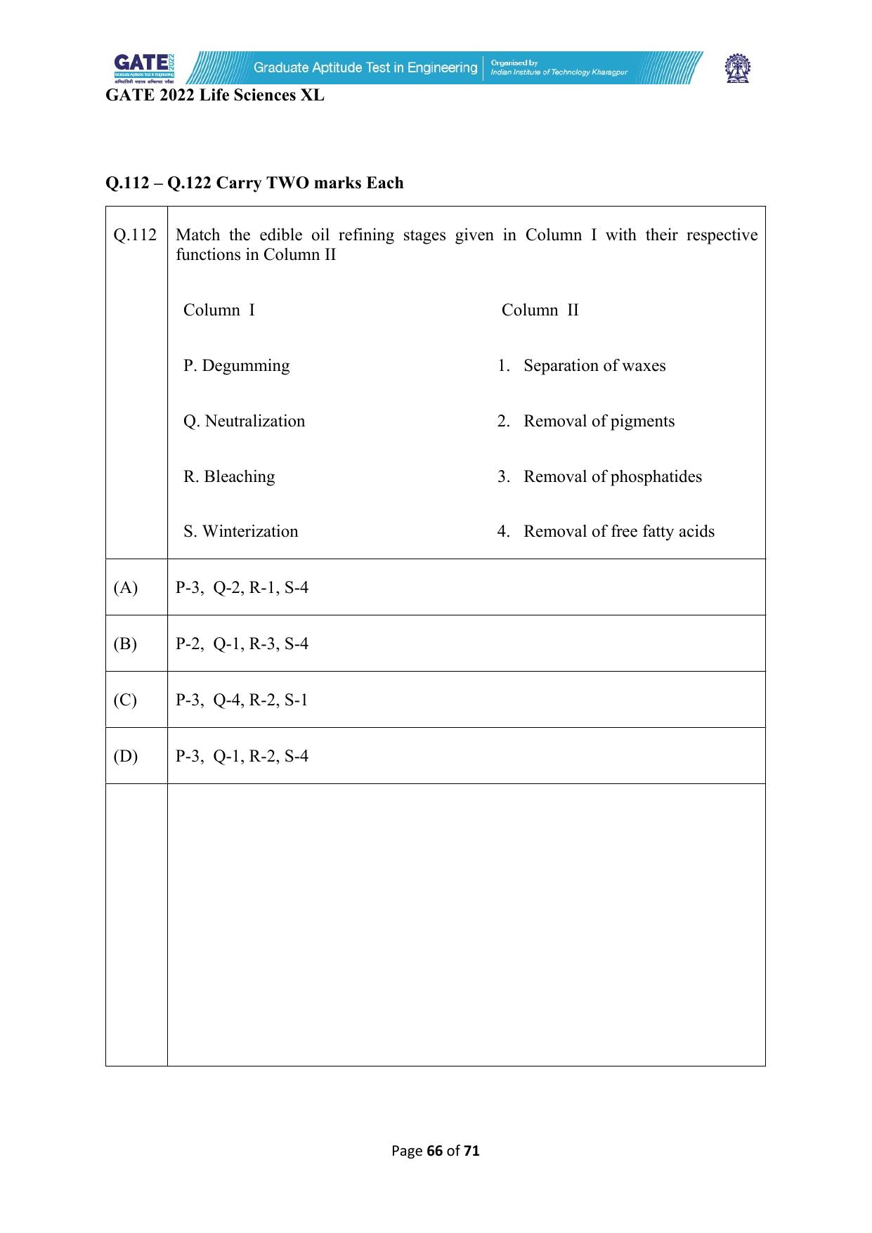GATE 2022 Life Sciences (XL) Question Paper - Page 66