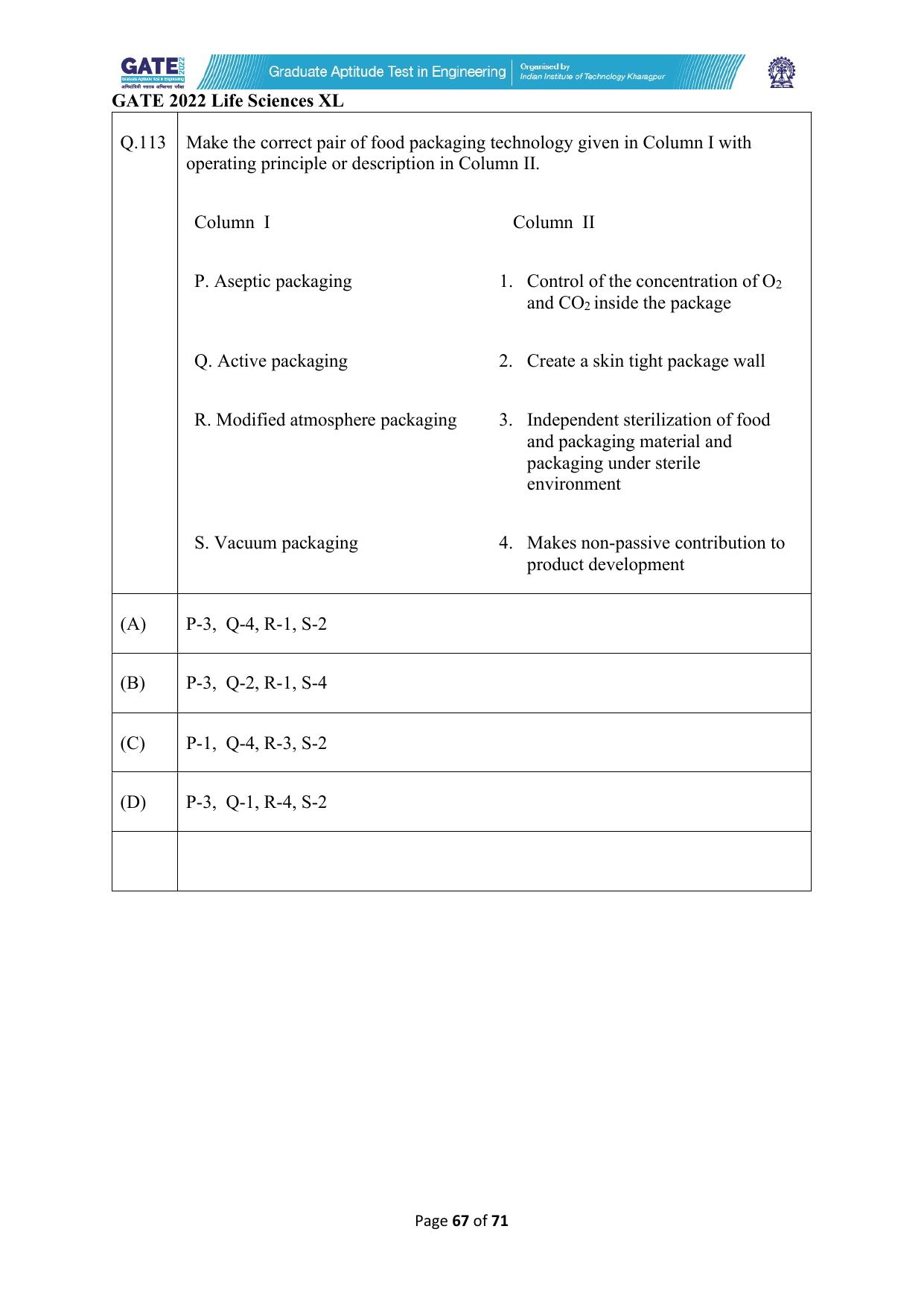 GATE 2022 Life Sciences (XL) Question Paper - Page 67
