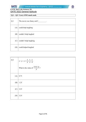 GATE 2022 Life Sciences (XL) Question Paper