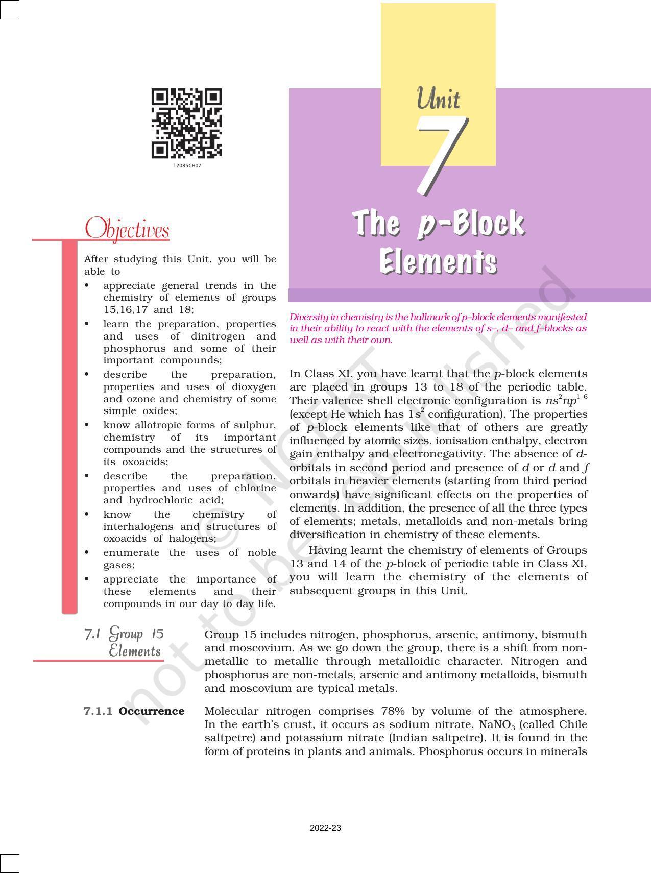 NCERT Book for Class 12 Chemistry Chapter 7 The p Block Elements - Page 1