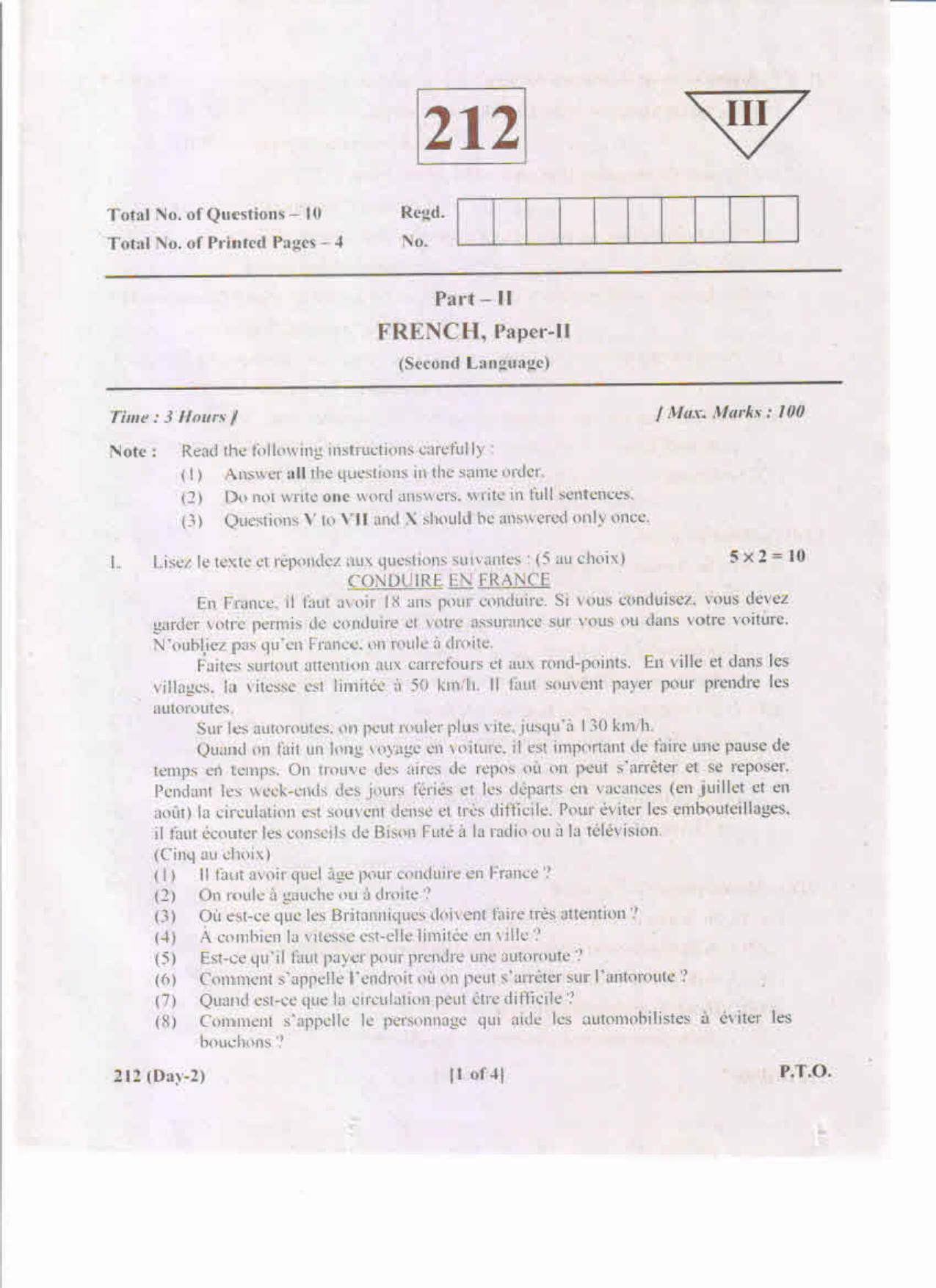 AP Inter 2nd Year French-II May-2019-General Question Paper - Page 1