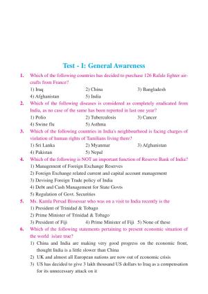 Punjab B.Ed Question Papers for General Awareness