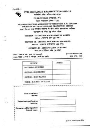 FTII JET Three Year Post Graduate Diploma in Art Direction and Production Design 2015-16 Question Paper