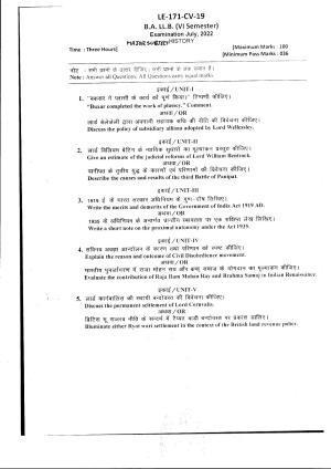 Bilaspur University Question Paper July 2022: B.A. L.L.B. (VI Sem.) Major Subject-History Paper 1