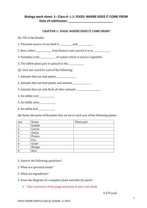 CBSE Worksheets for Class 6 Science Food Where Does it Come From Assignment 1