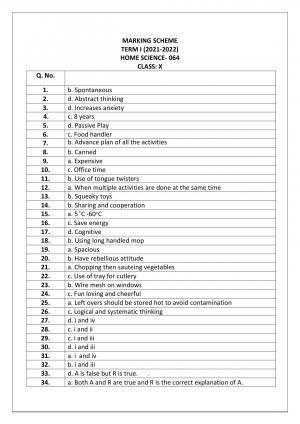 CBSE Class 10 Home Science Marking Scheme and Solutions 2021-22