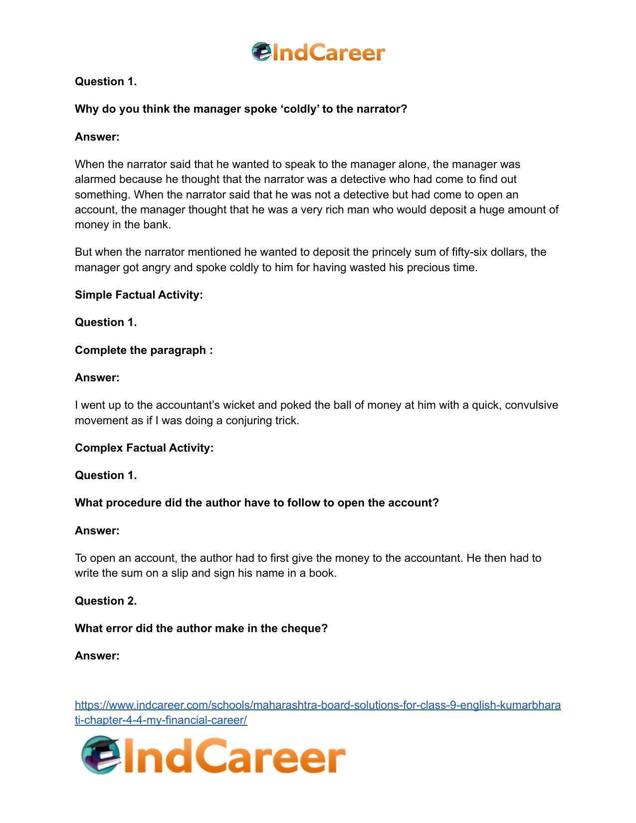 Maharashtra Board Solutions for Class 9- English Kumarbharati: Chapter 4.4- My Financial Career - Page 13