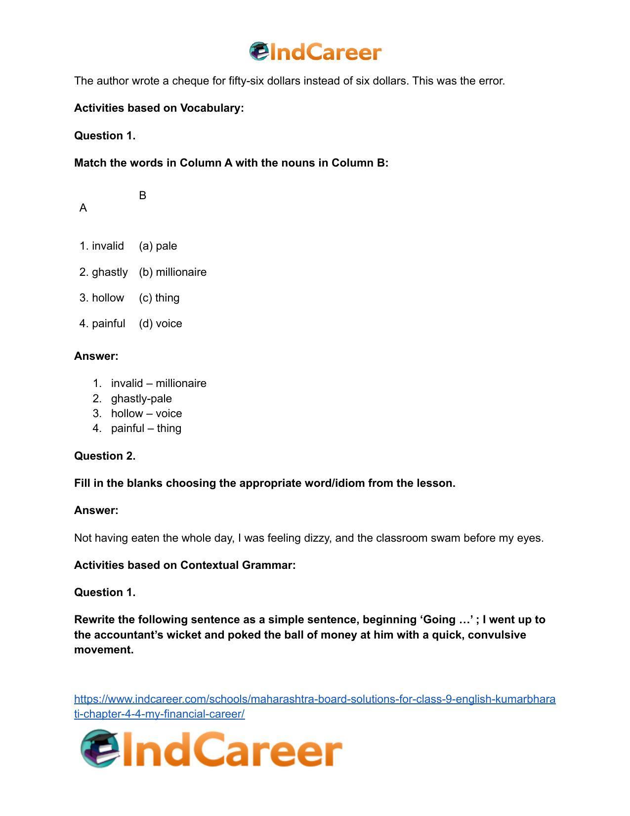 Maharashtra Board Solutions for Class 9- English Kumarbharati: Chapter 4.4- My Financial Career - Page 14