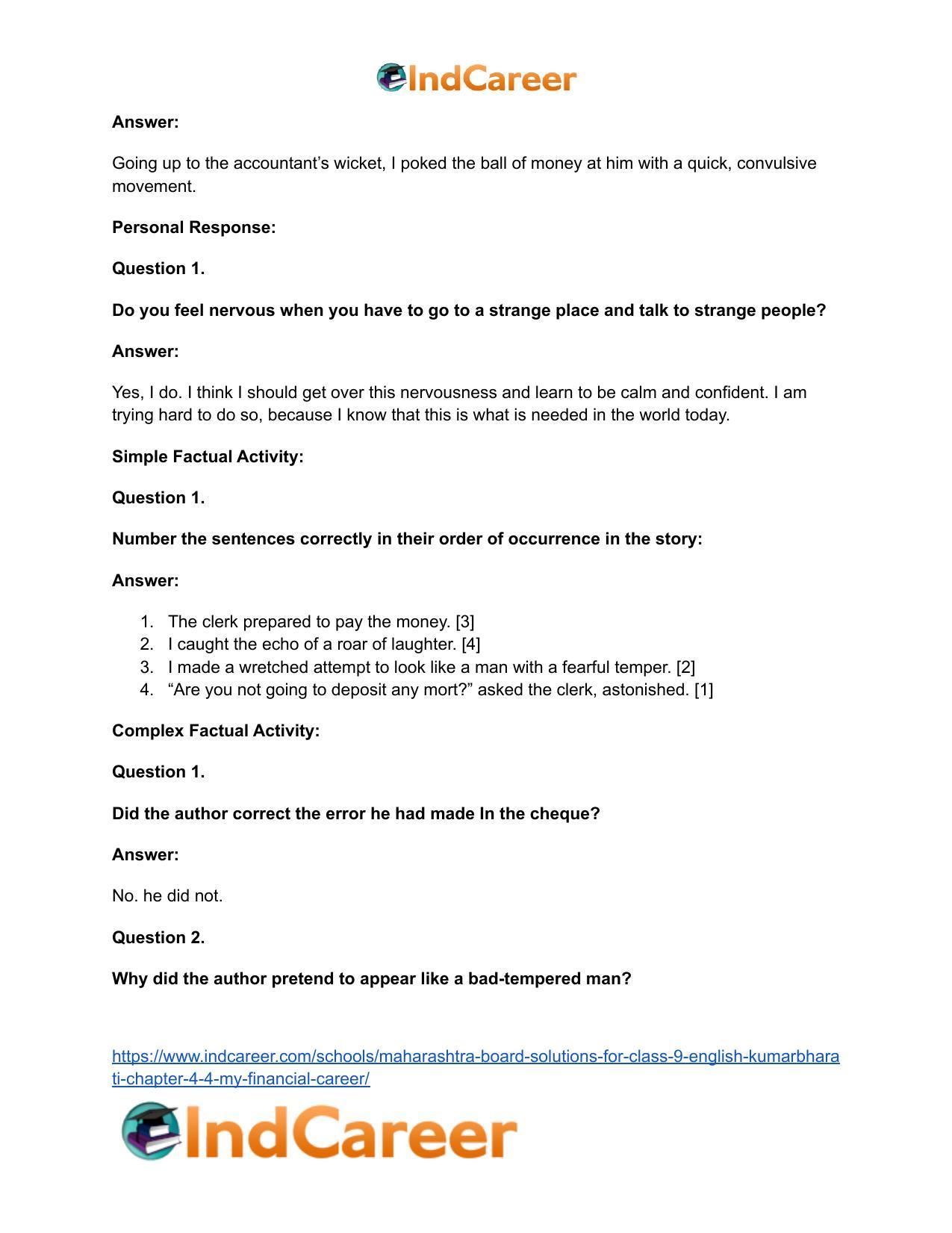 Maharashtra Board Solutions for Class 9- English Kumarbharati: Chapter 4.4- My Financial Career - Page 15