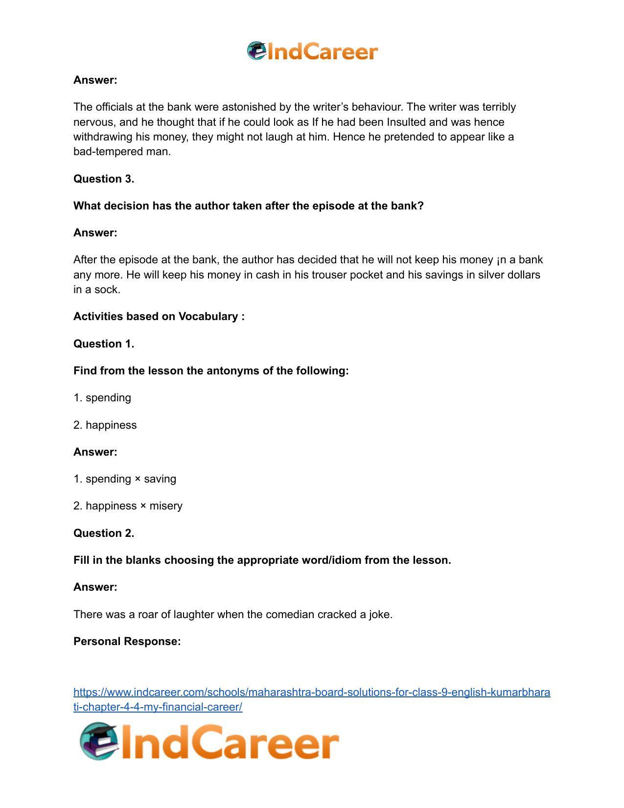 Maharashtra Board Solutions for Class 9- English Kumarbharati: Chapter 4.4- My Financial Career - Page 16