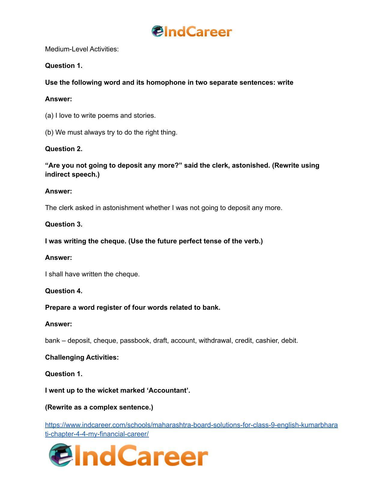Maharashtra Board Solutions for Class 9- English Kumarbharati: Chapter 4.4- My Financial Career - Page 19