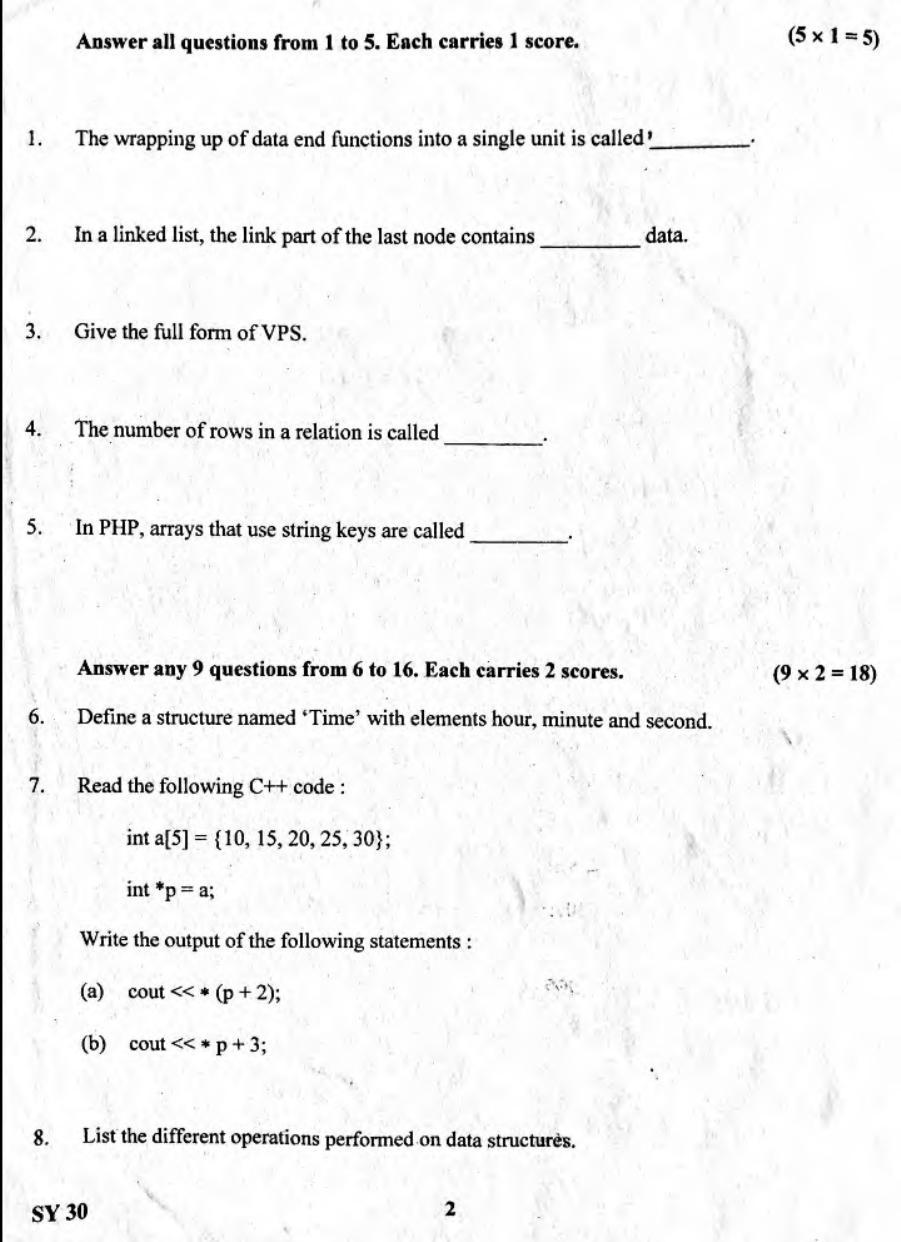 Kerala Plus Two 2019 Computer Science Question Paper - Page 1