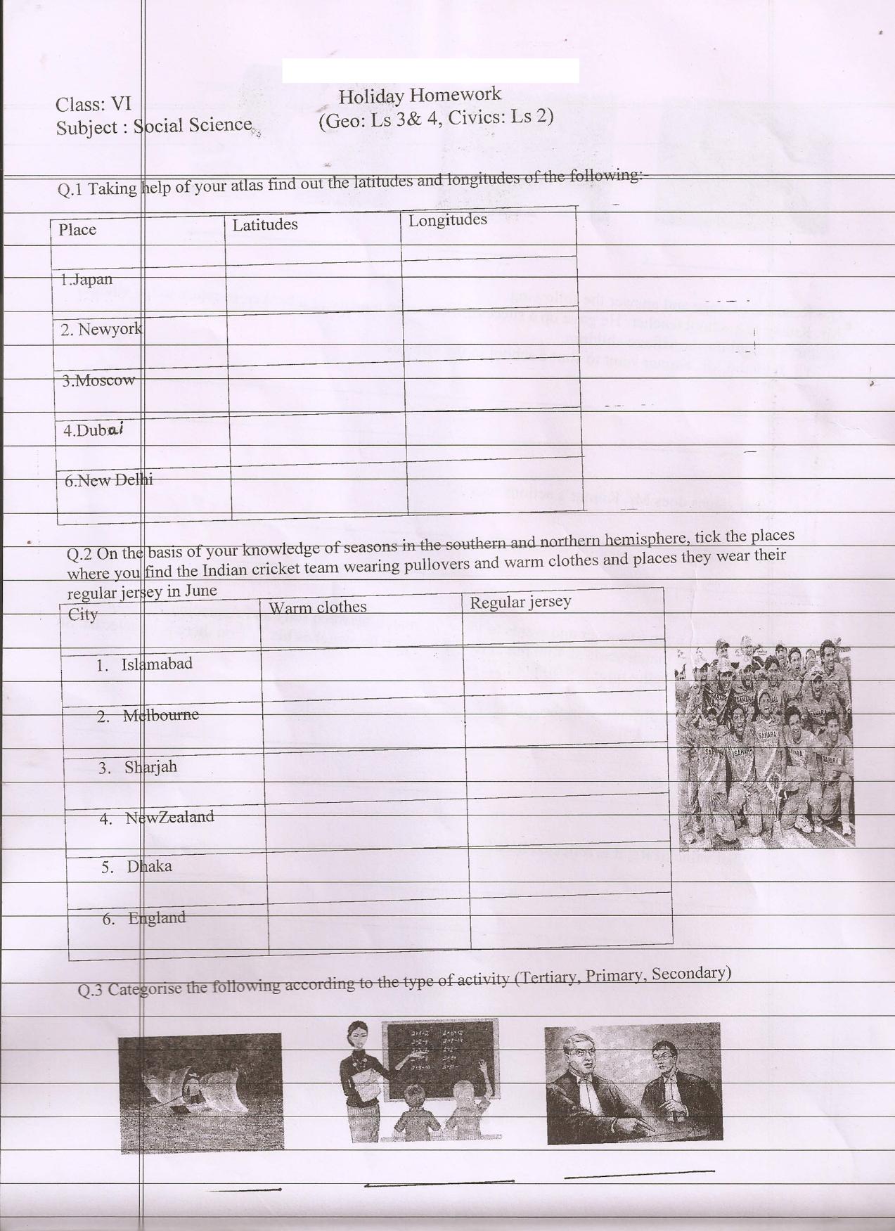 CBSE Worksheets for Class 6 Social Science Latitudes and Longitudes Assignment 3 - Page 1