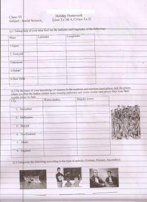 CBSE Worksheets for Class 6 Social Science Latitudes and Longitudes Assignment 3
