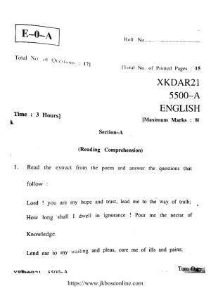 JKBOSE CLASS 10 English (5500-A) 2021